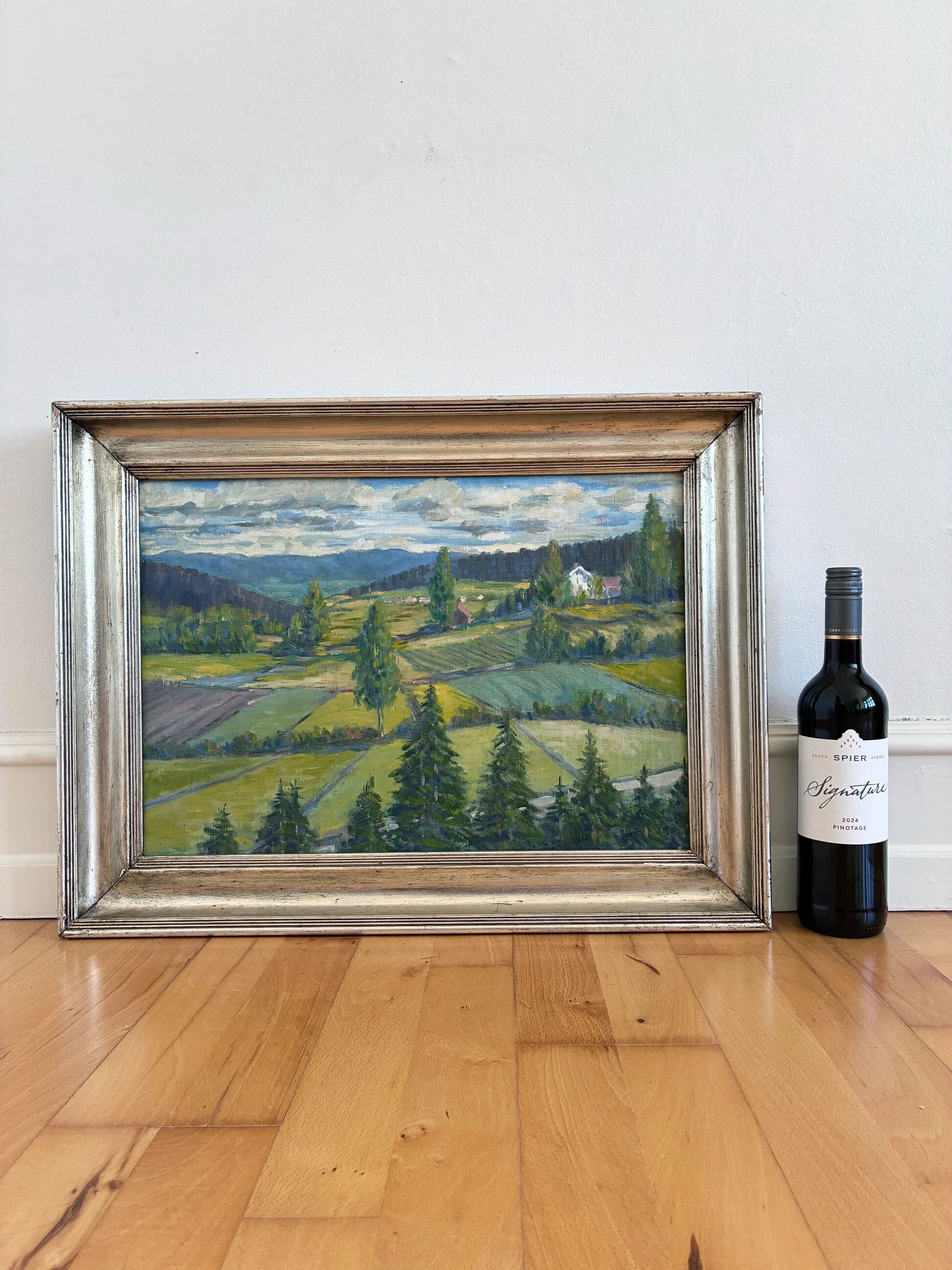 Peinture à l'huile vintage originale de paysage, art de la campagne