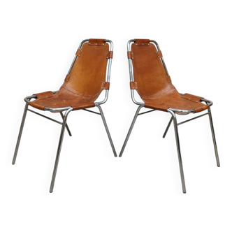 Vintage Italian design Les Arcs chairs camel leather Charlotte Perriand for Dal Vera 1970s