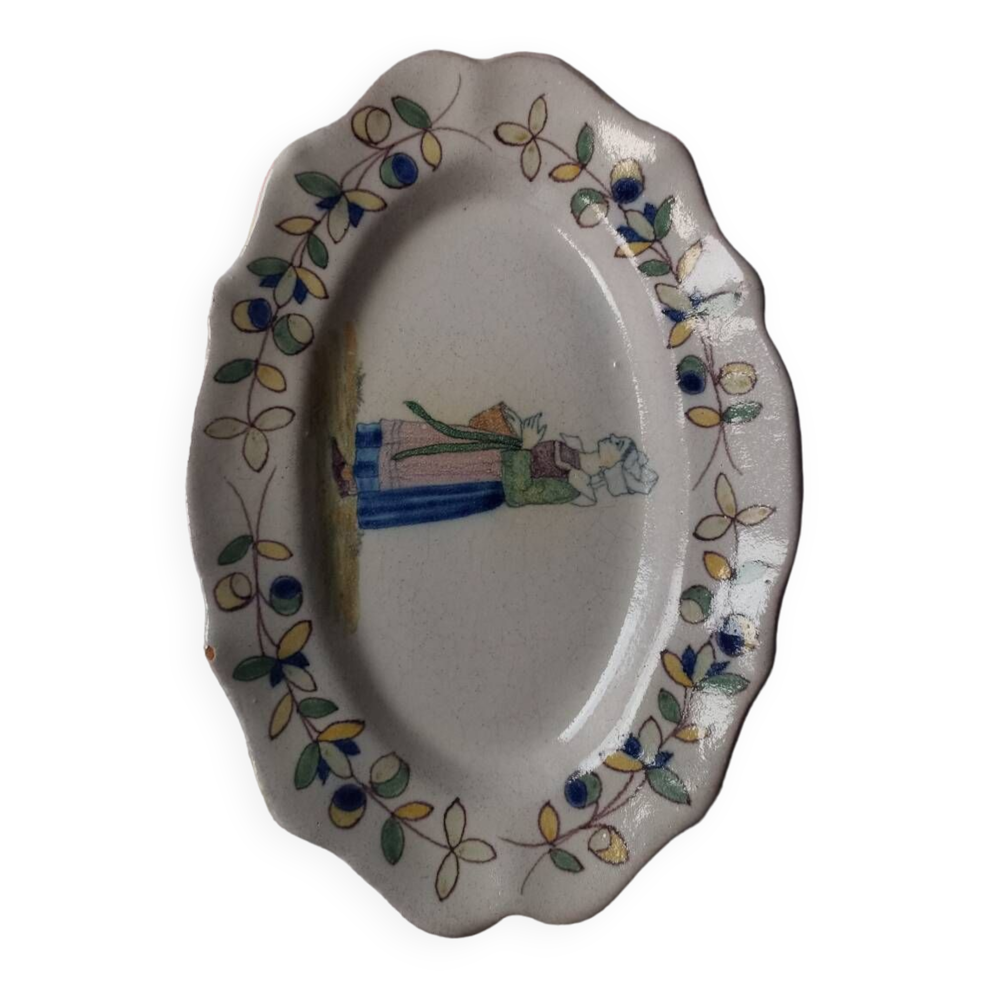 Antique Malicorne earthenware dish by Béatrix Pouplard late 19th century