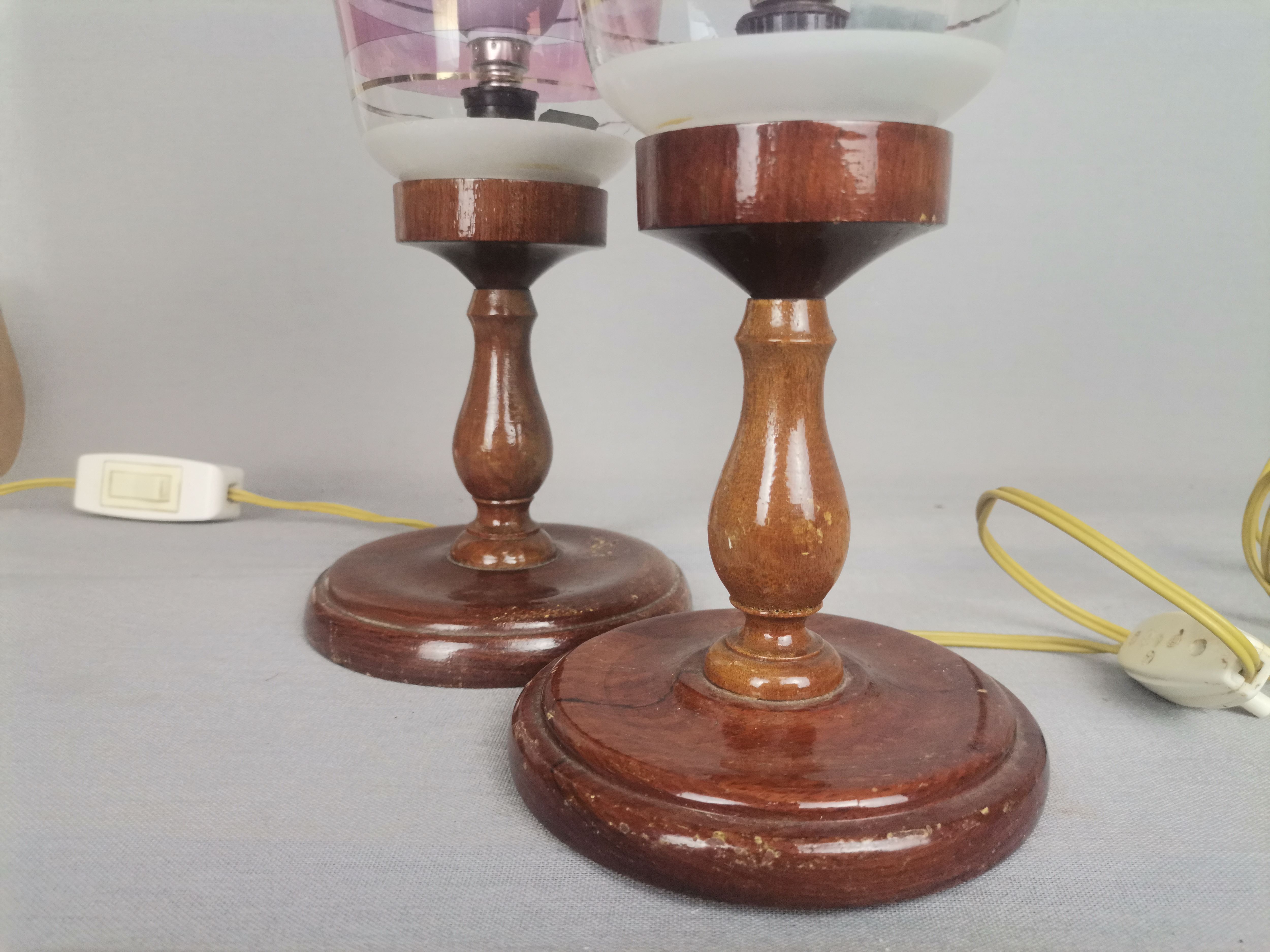 Portuguese Farmhouse rustic wooden table lamps with torch glass shades, 1970s, Set of 2