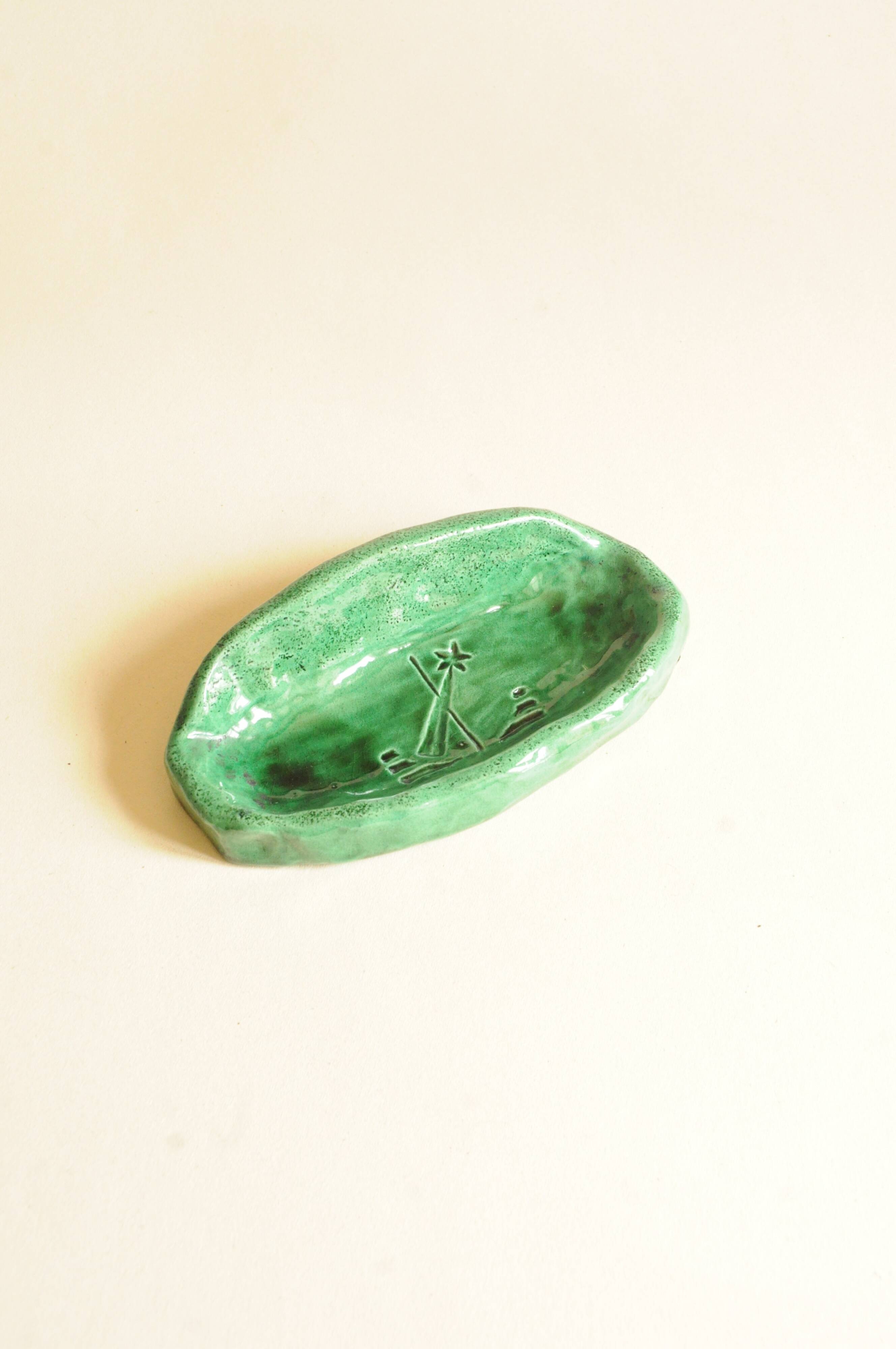 Soap Dish - Mid-century Free Form Green Ceramic Catchall - Signed