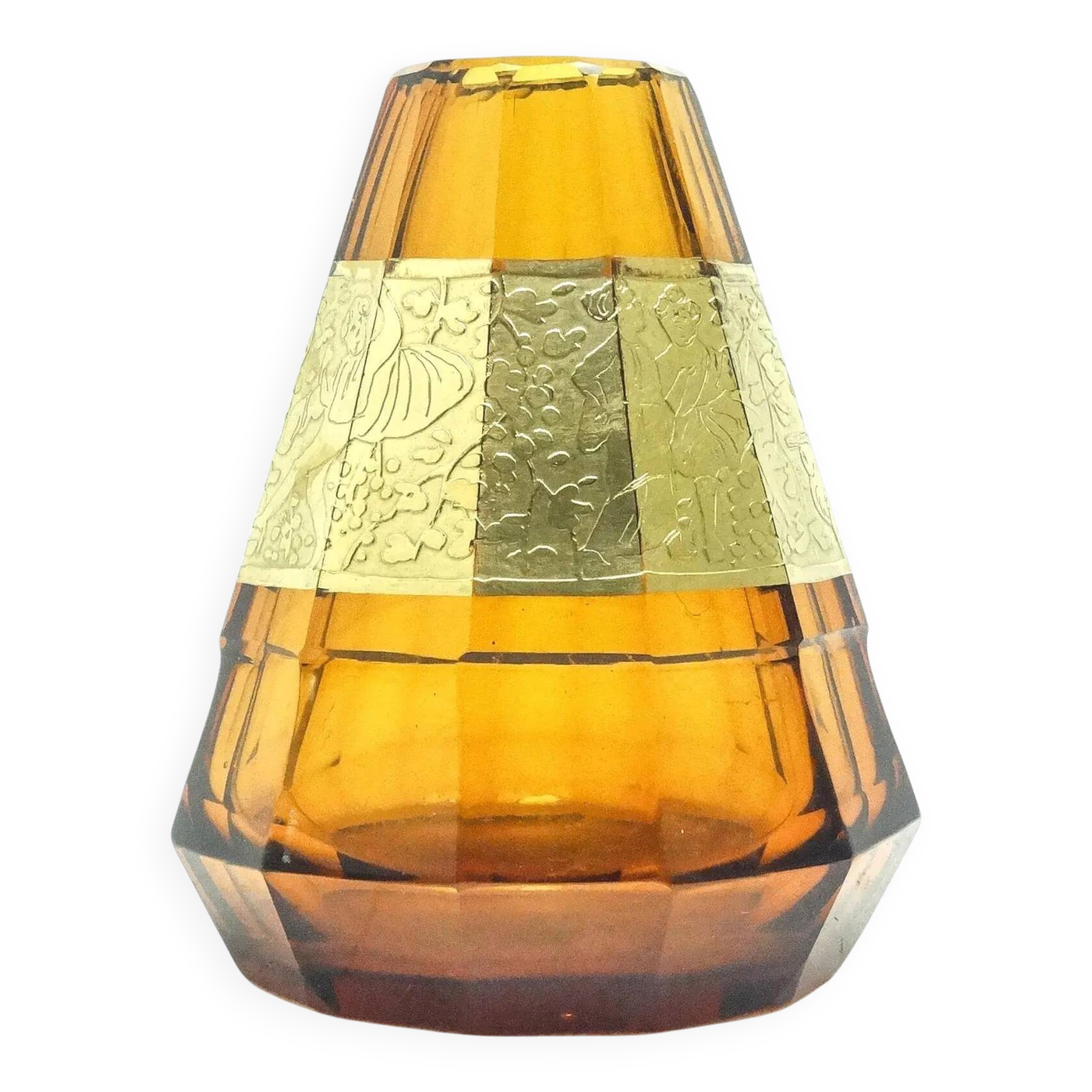 Art Deco vase, honey crystal, oroplastic, Moser, Czechoslovakia, 1930s