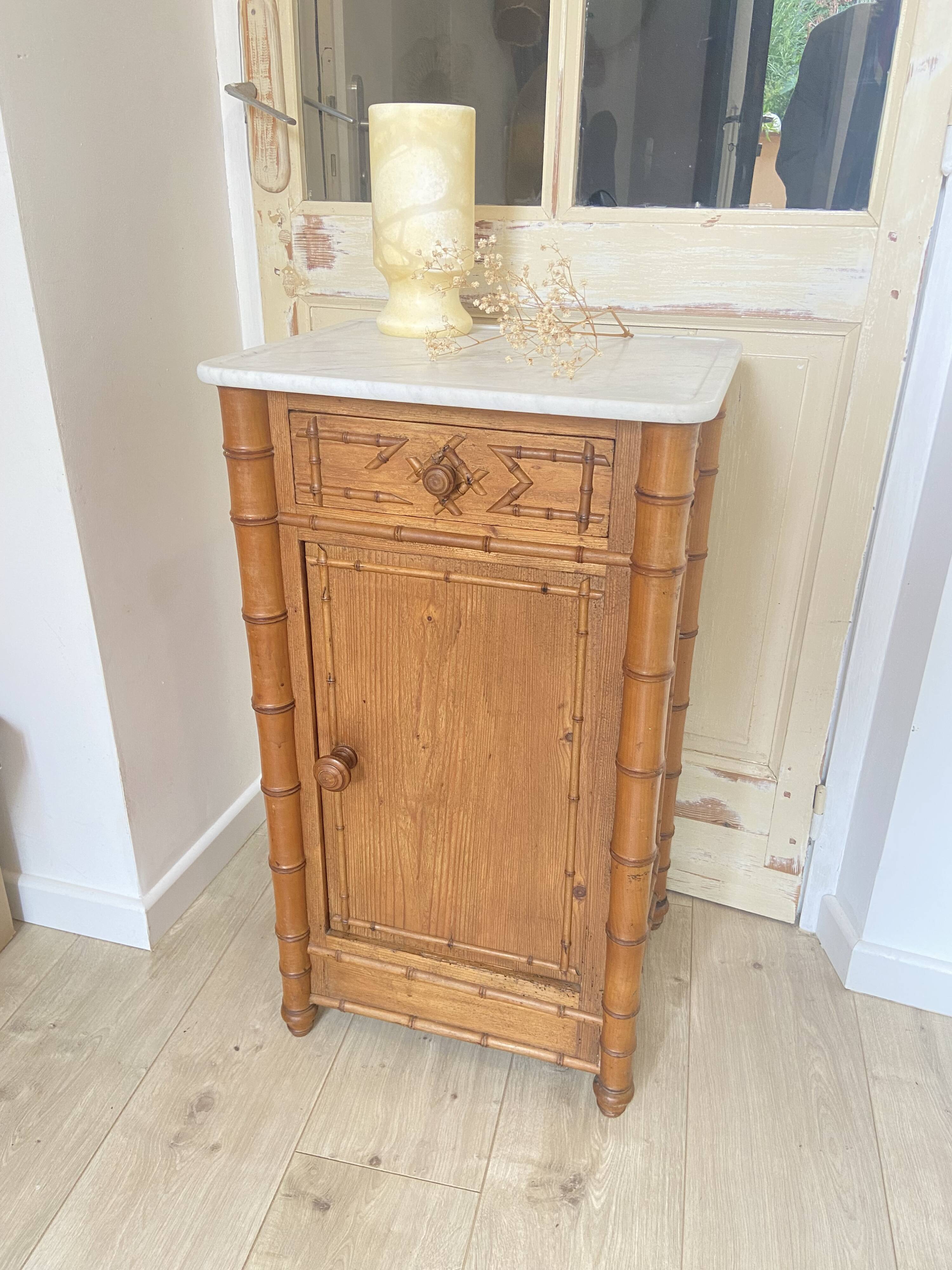 Bedside table / nightstand in pitchpin pine wood and bamboo with marble top