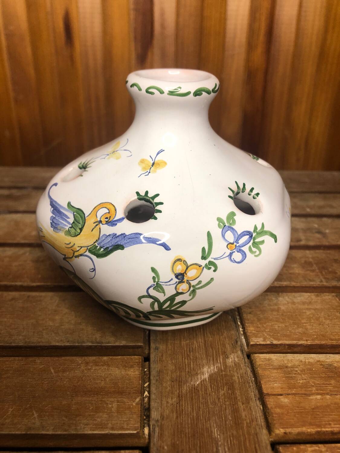 Old moustiers flower stick vase vintage painted white ceramic