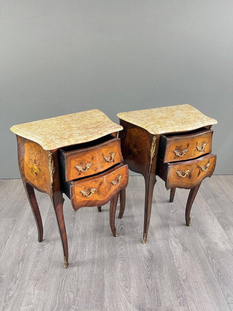 Pair of louis xv style bedside tables in marquetry and marble – 19th century