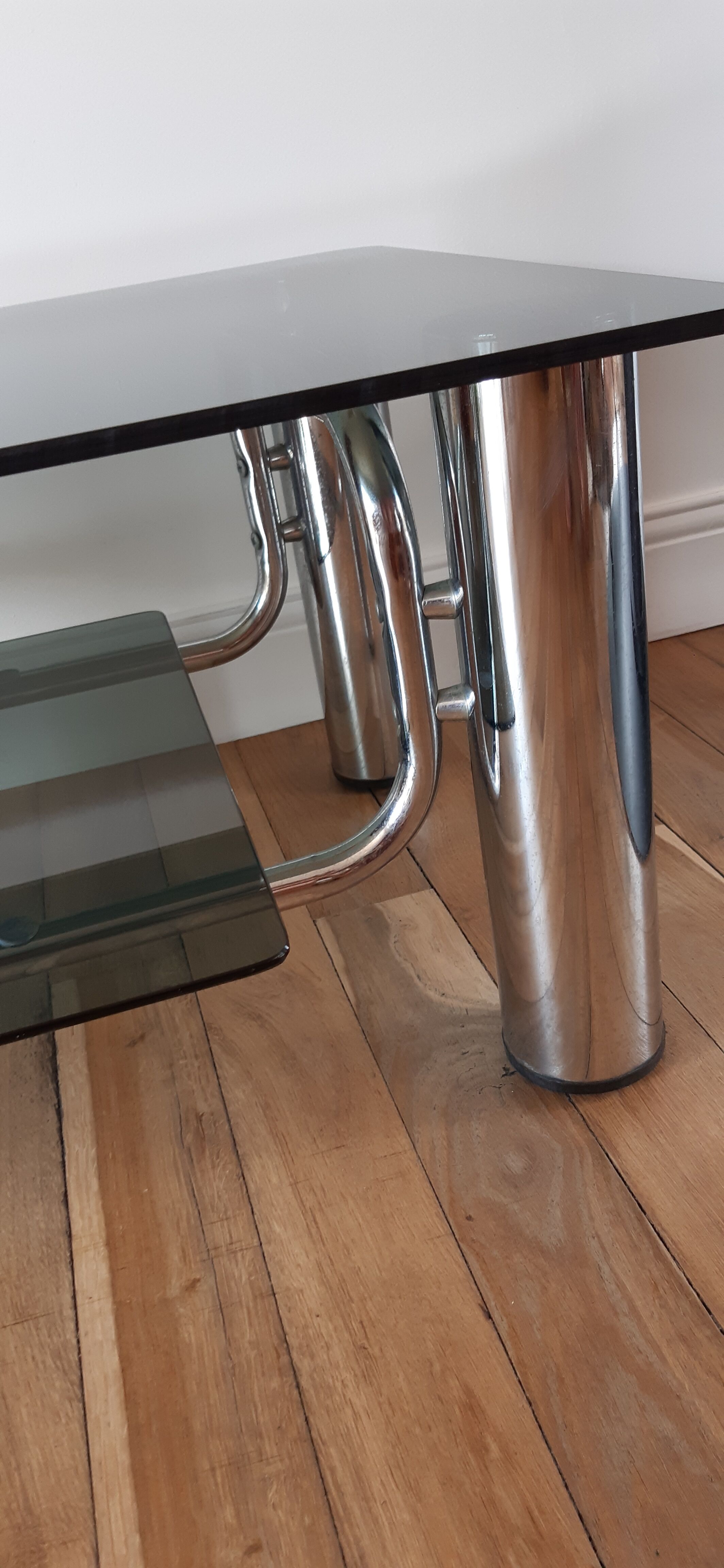 Smoked glass coffee table and chrome legs 70s