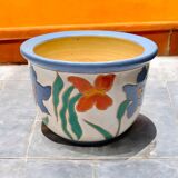 Handmade Studio Pottery Flower Pot - Colorful Relief Decoration, Signed