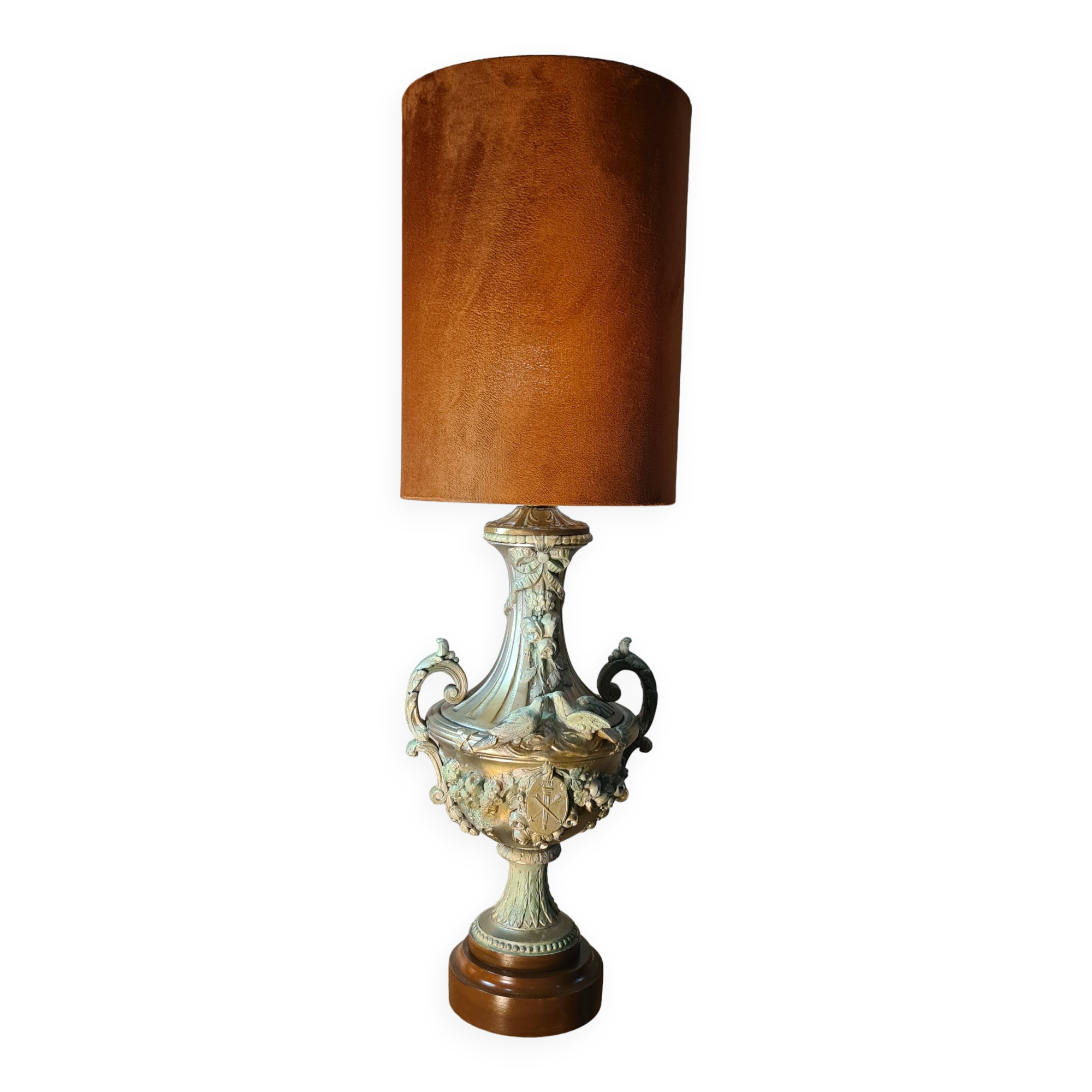 Vintage rococo style lamp, regency, regule steel patinated velvet lampshade 66x20