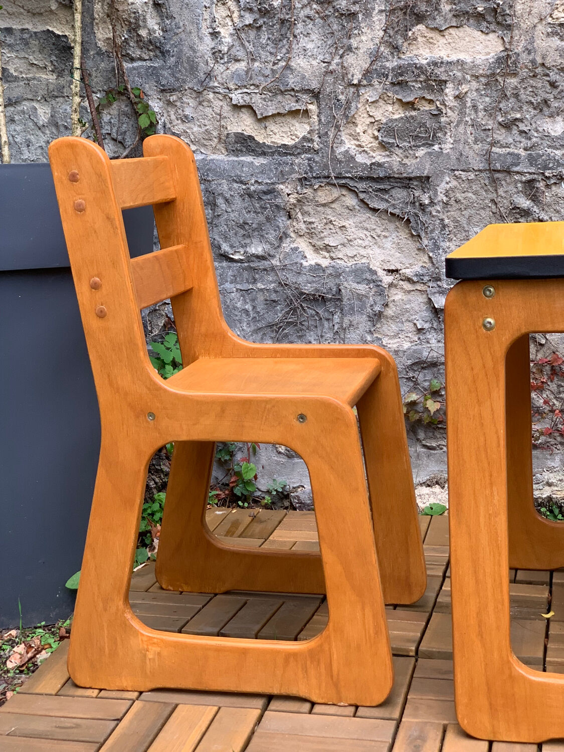 Children's wooden and formica desk and sled chairs 1970