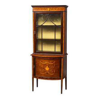 Edwardian mahogany display cabinet with inlay and "Bon Marche" mark.