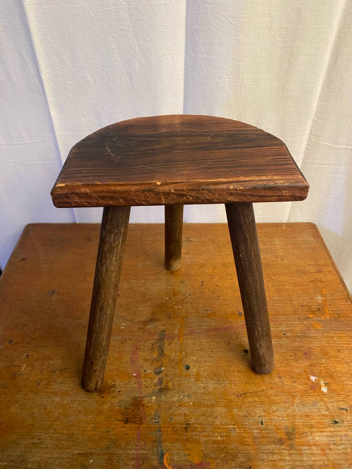 Antique milking stool tripod wood half moon seat vintage