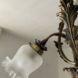 Ancien lustre cage en bronze et 4 feux tulipe