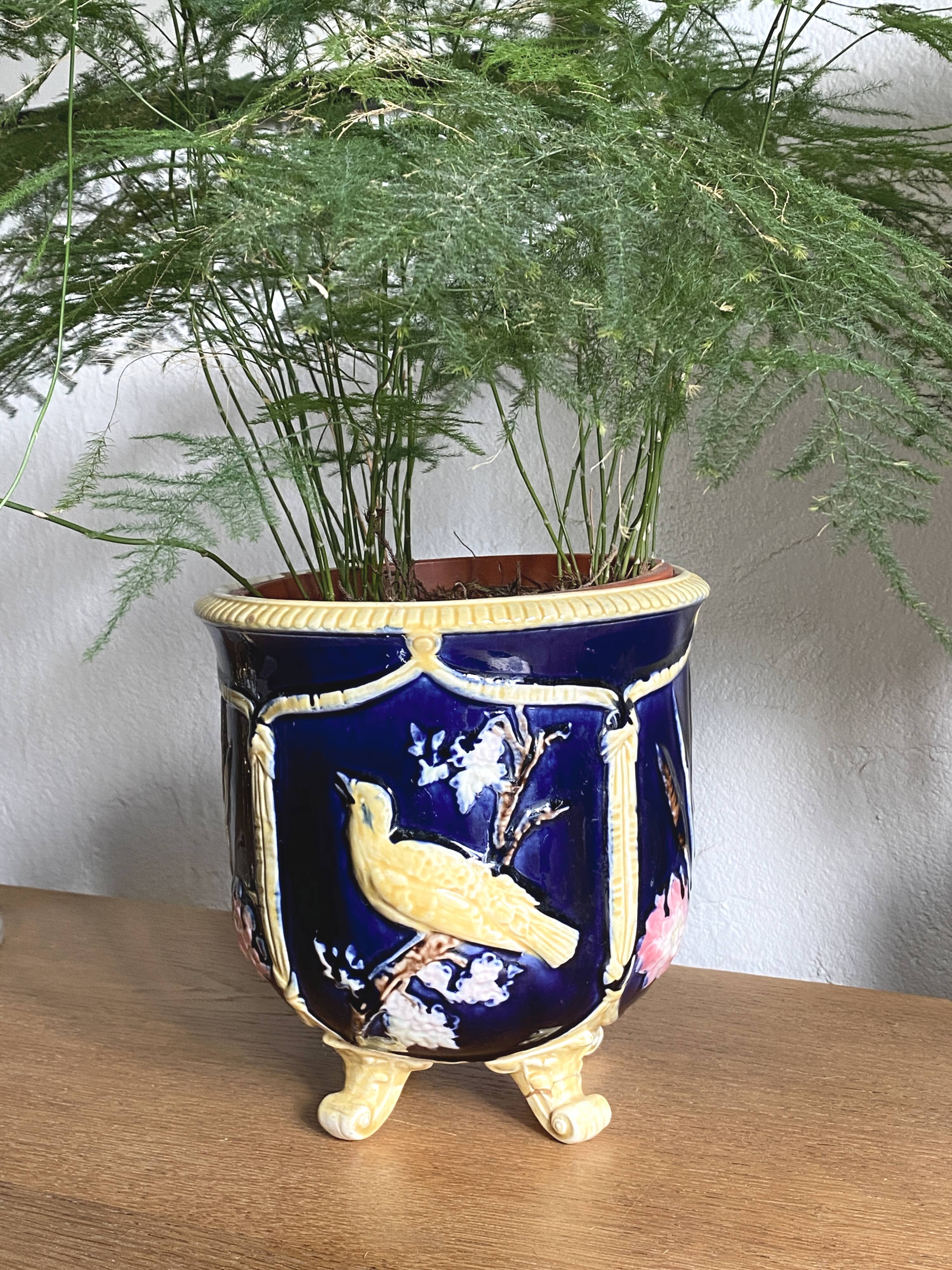 Antique earthenware flowerpot with bird decoration - circa 1900