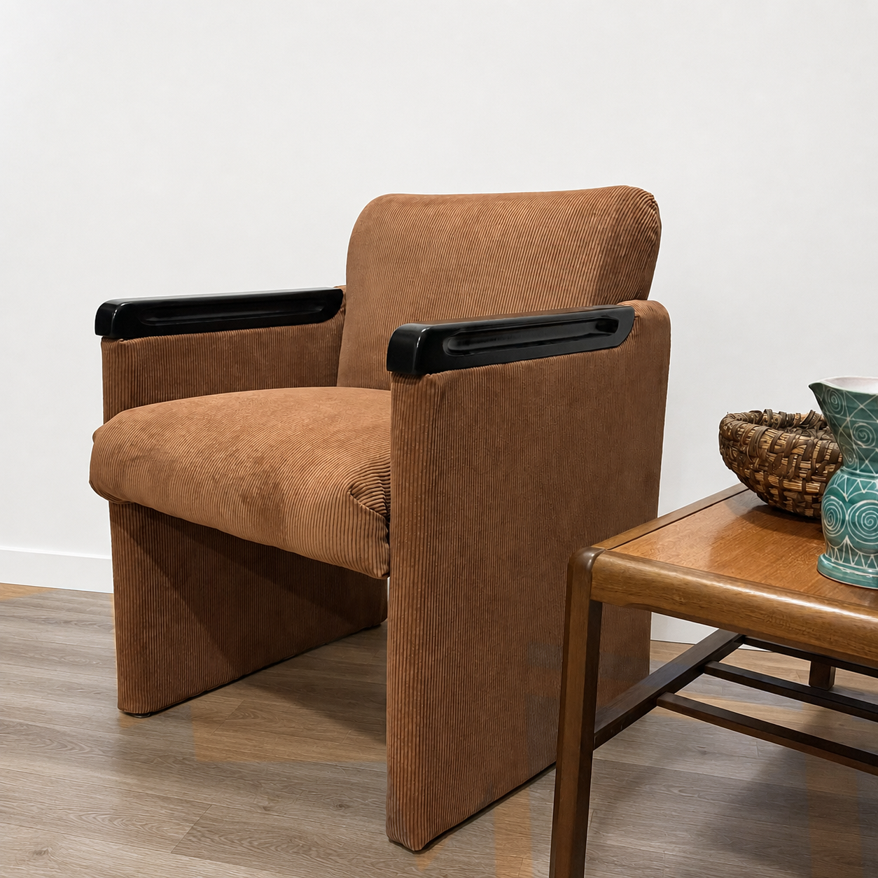 Paire de fauteuils années 80 en velours côtelé terracotta