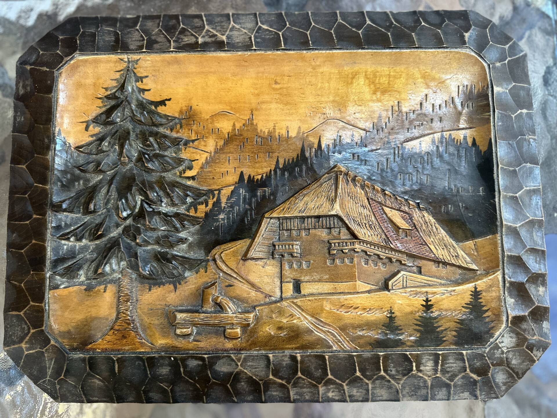 Carved wooden wall panel Black Forest Chalet mountain Switzerland Germany