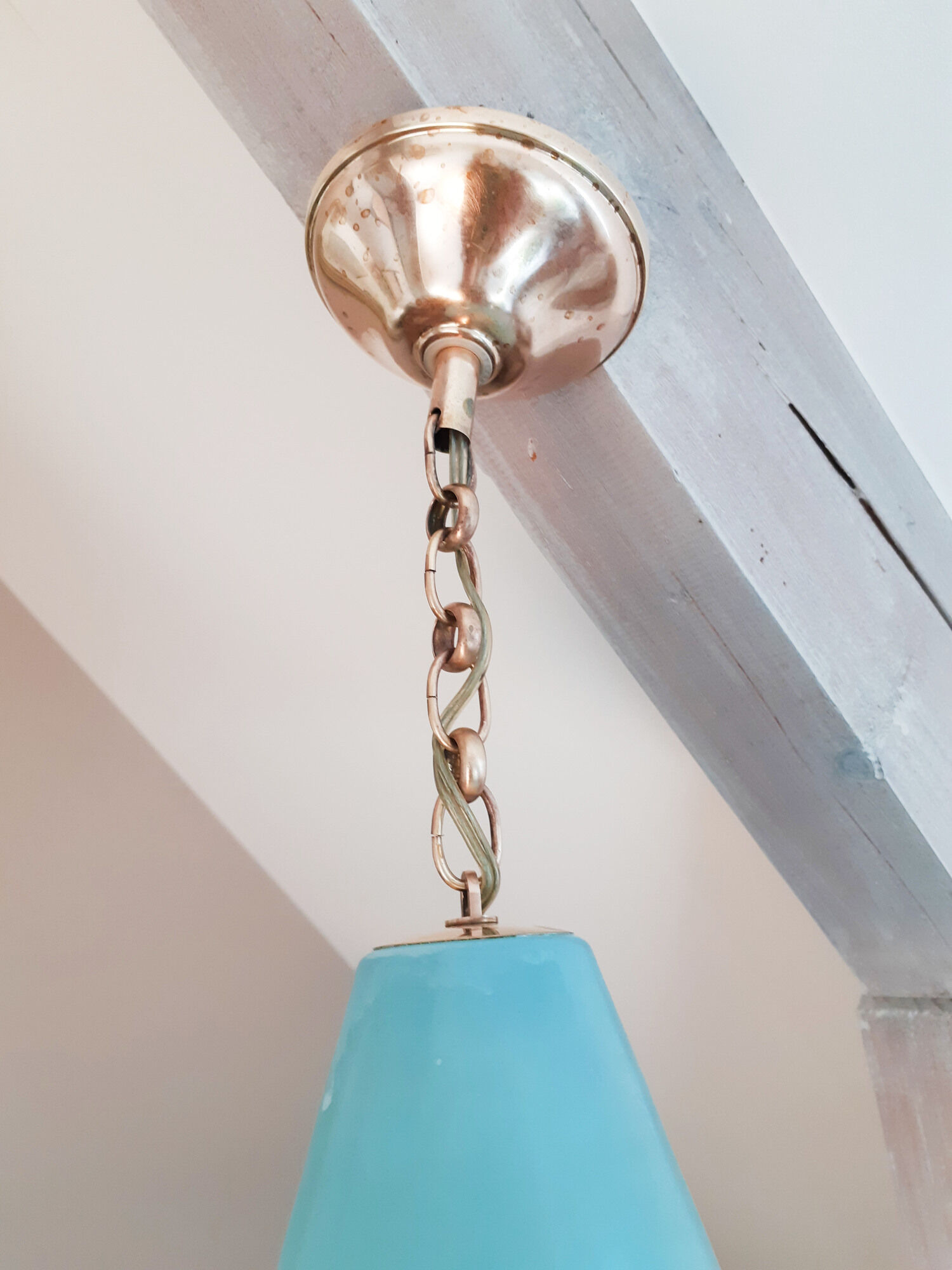 Vintage ceiling lamp suspension in glass, blue, 50s