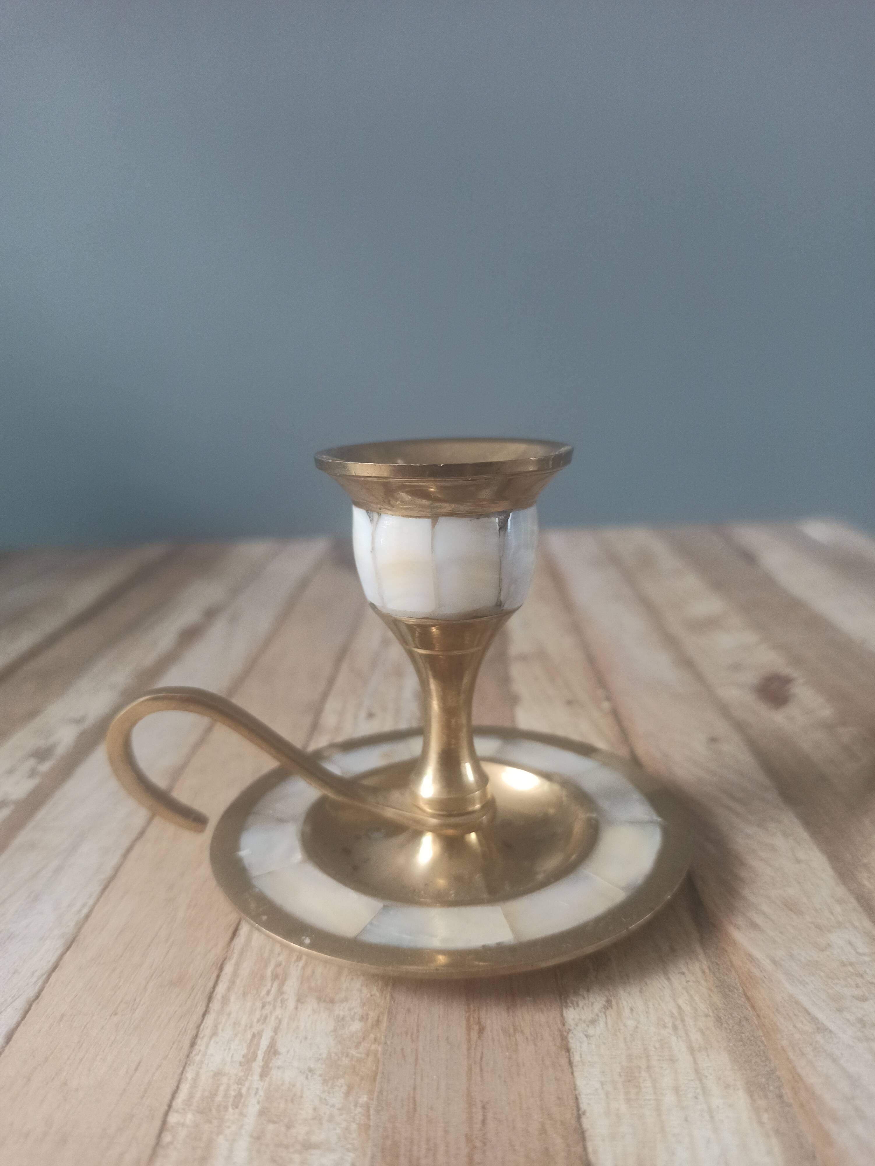 Cellar rat candle holder in brass and mother-of-pearl