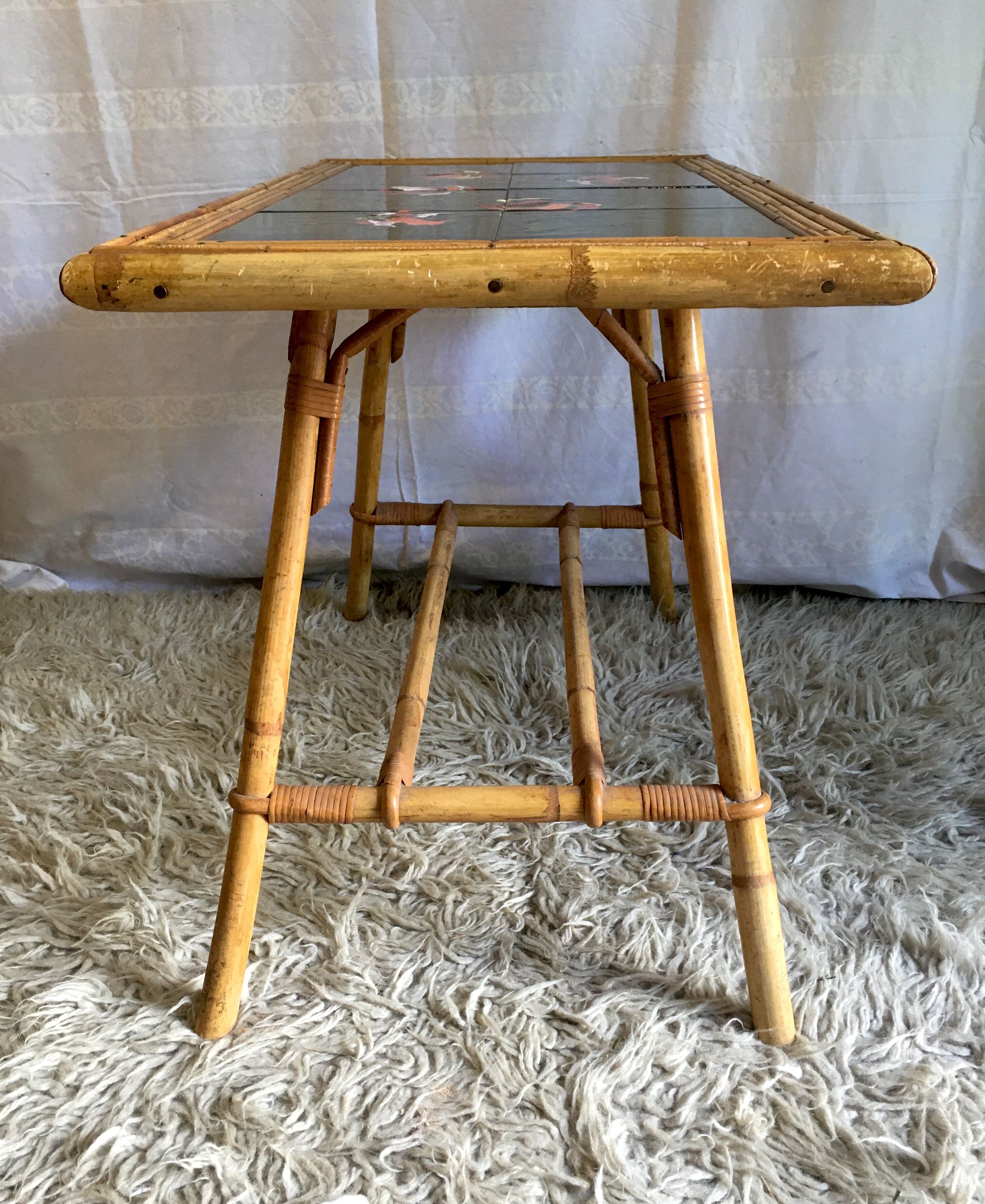 Vallauris rattan coffee table and earthenware - 1950s
