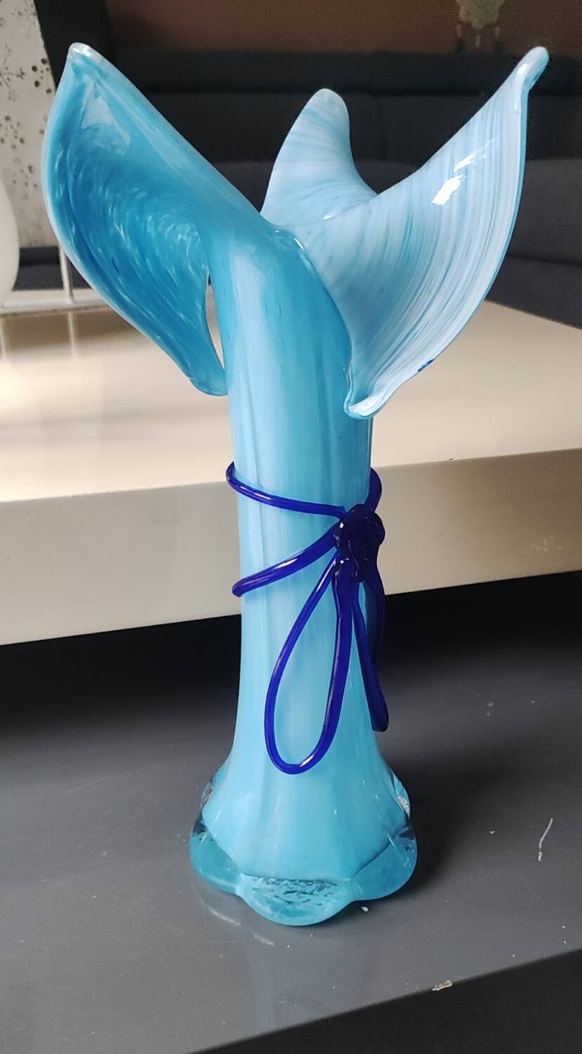 Large Murano Vase Floral Design, Opaline. Relief Ribbon Bow Decor