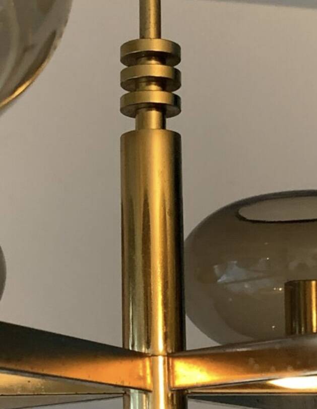 Italian brass chandelier with 6 grey smoked glass globes