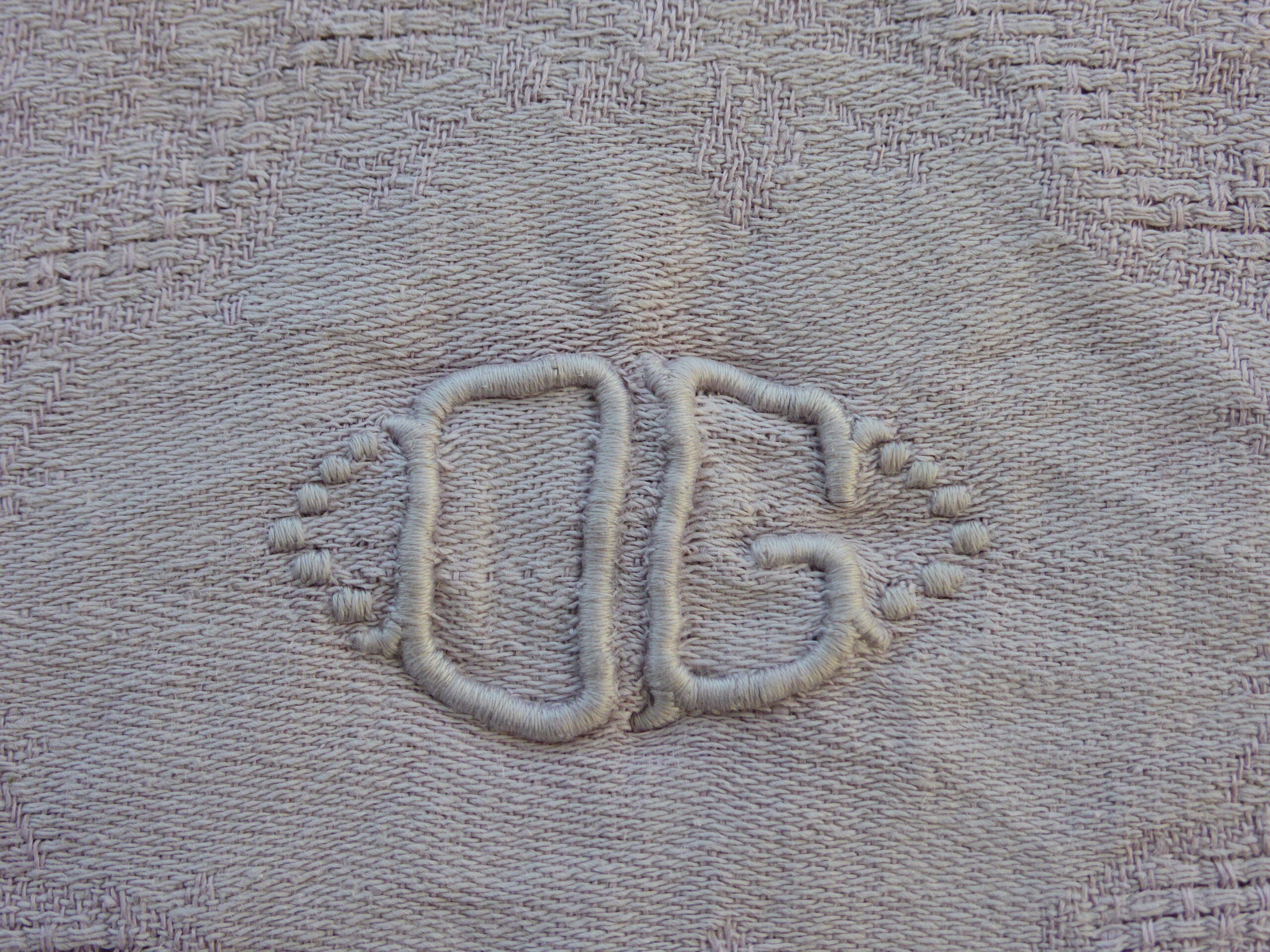 6 rectangular towels, damask cotton, Lilas tint and monogrammed OG, art deco