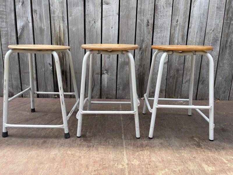 Vintage industrial stackable stool in wood and metal