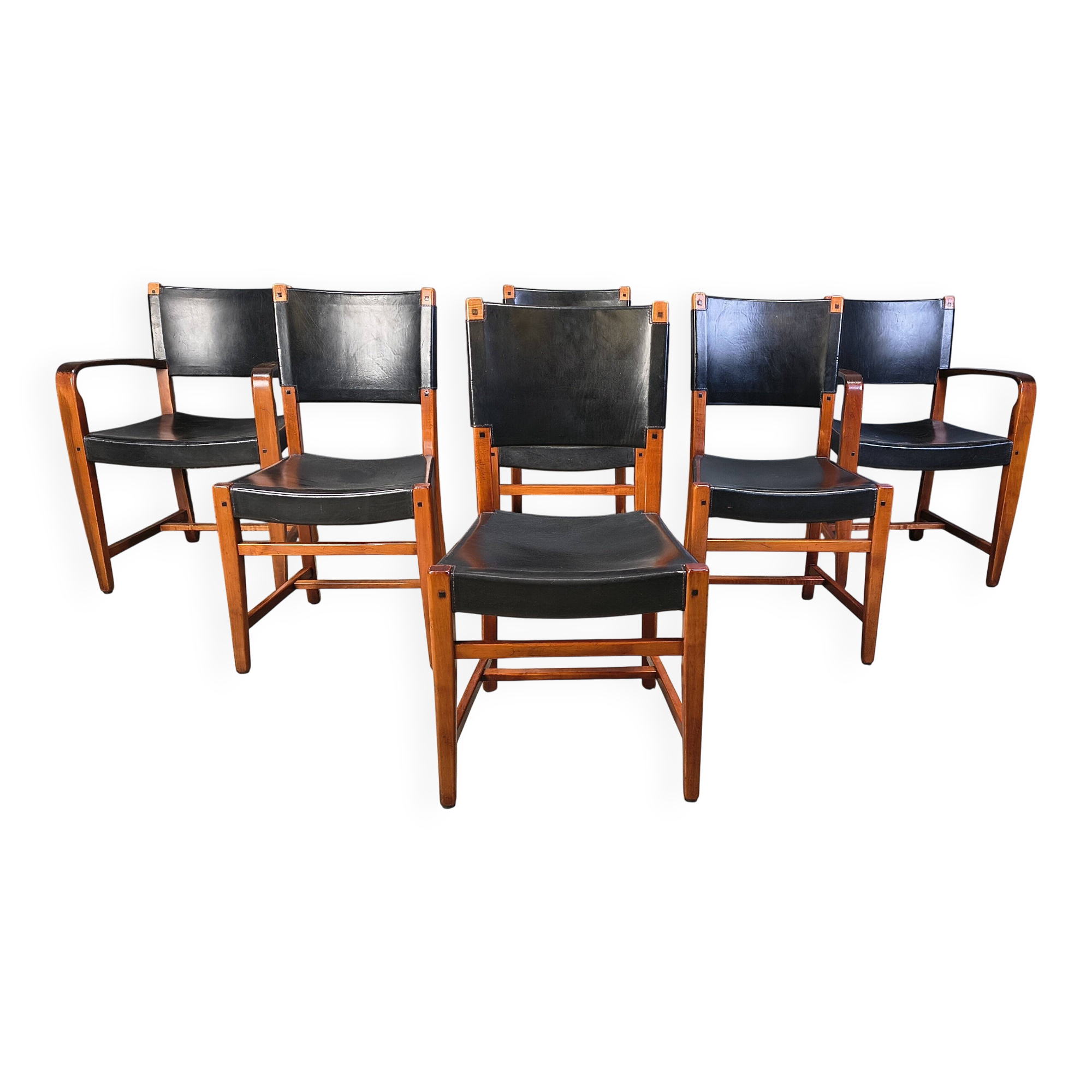 Vintage Spanish leather and wood dining chairs, set of 6 - 1970s