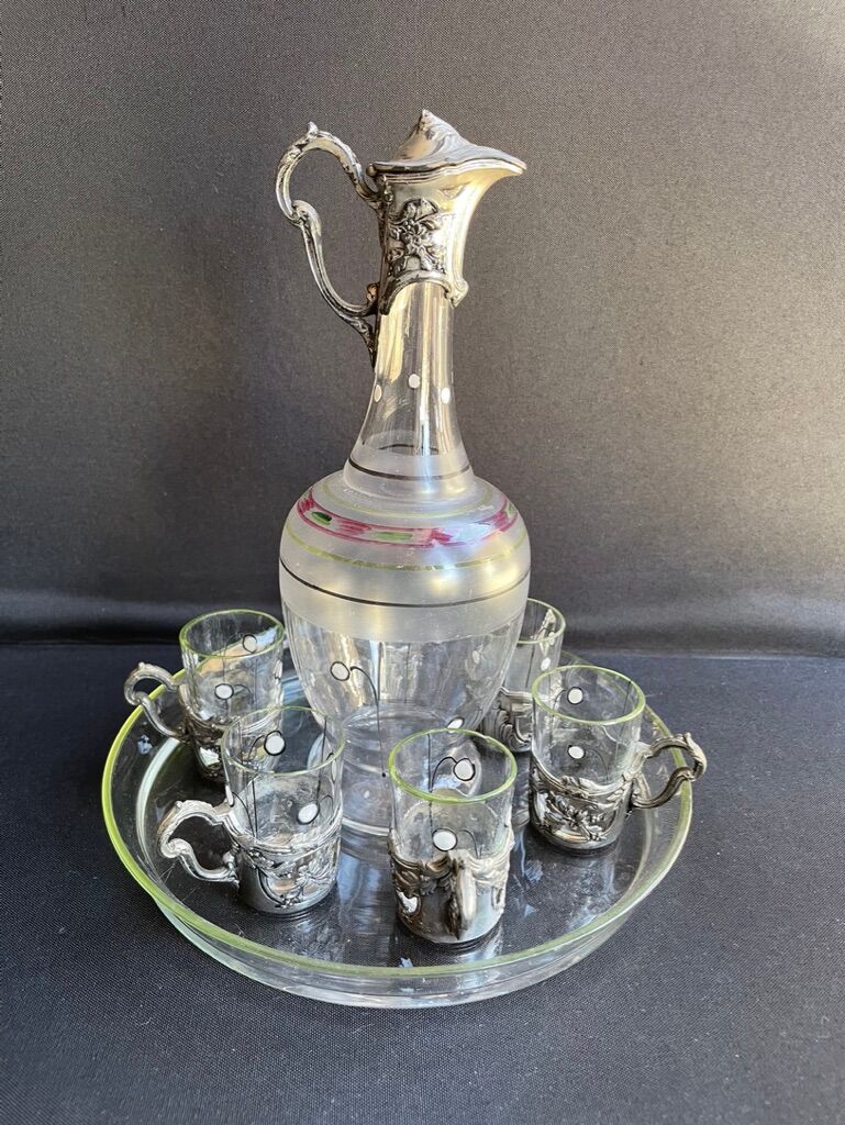 Liquor service Art Nouveau 1/2 Enamelled colored crystal with silver metal frame