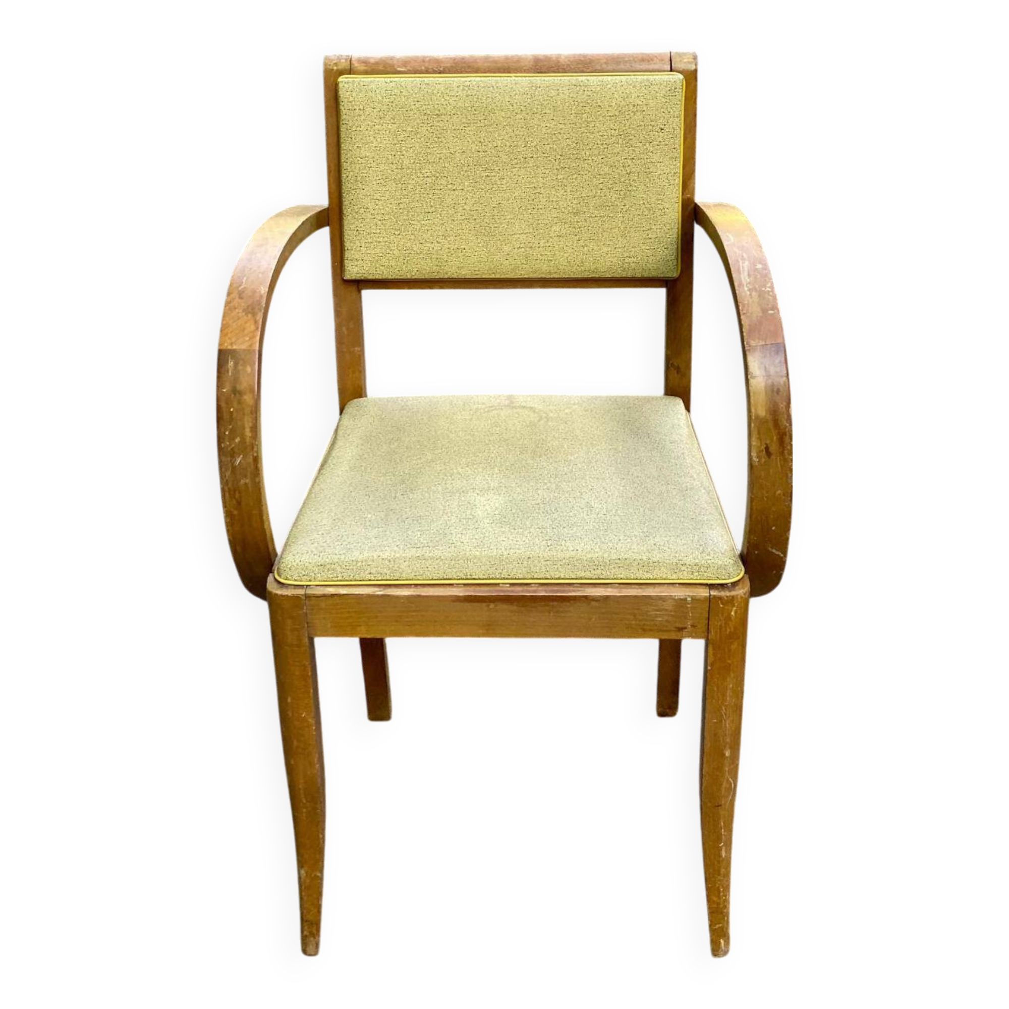 Curved wood and yellow leather bridge office chair