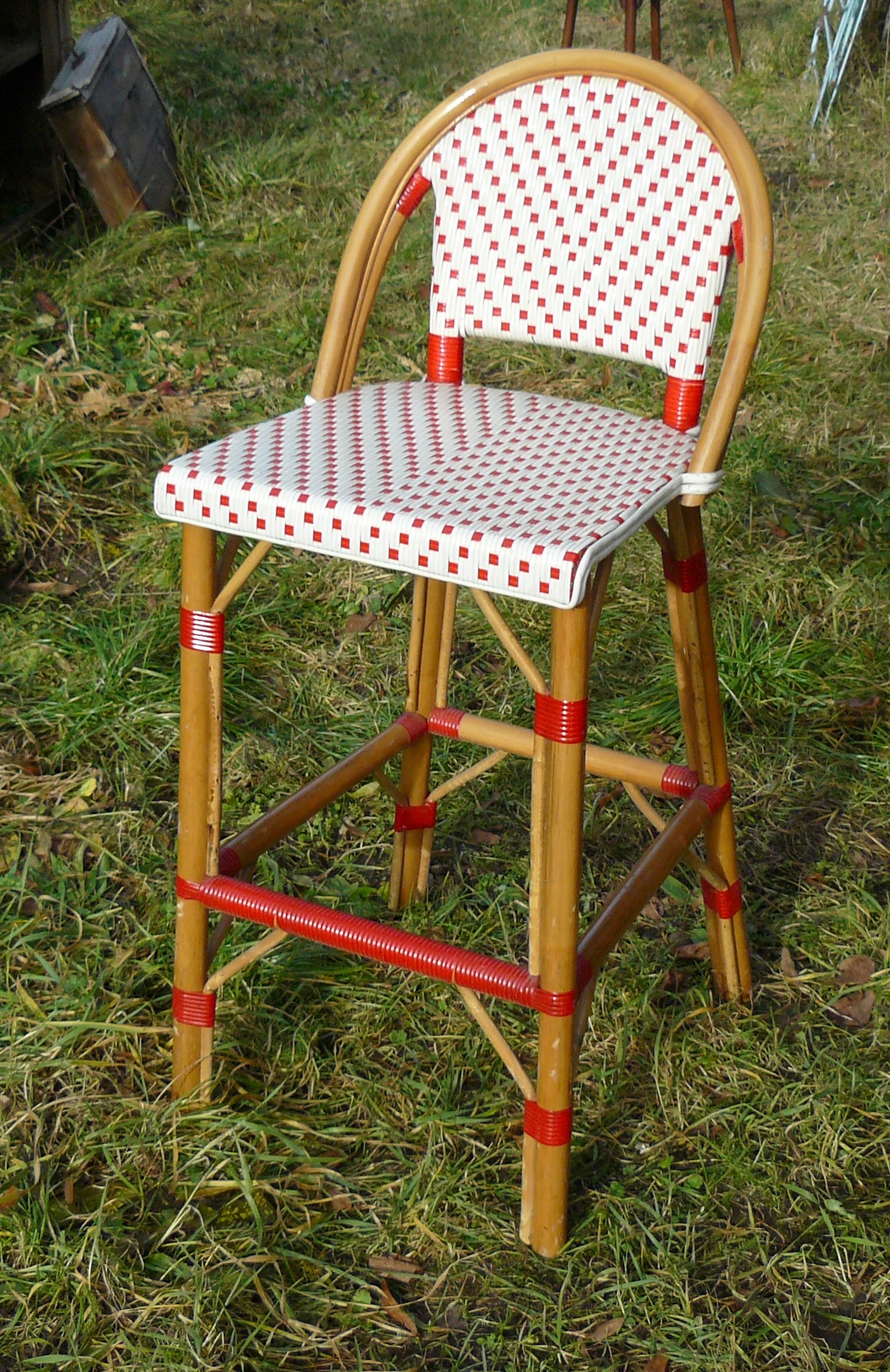 Vintage red and white rattan back bar stool 1970-80