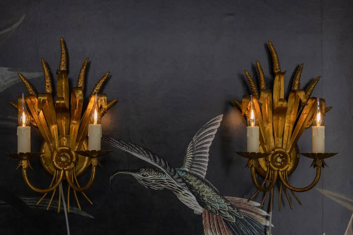 Pair of Hollywood Regency Style Gilt Metal Wheat Sheaf Wall Sconces, 1970s