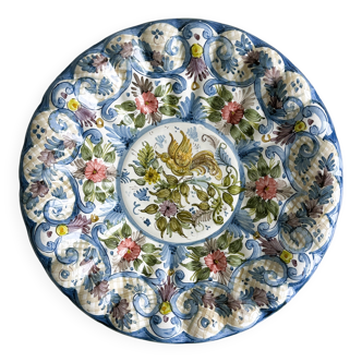 Large decorative dish hand painted with floral and bird motifs