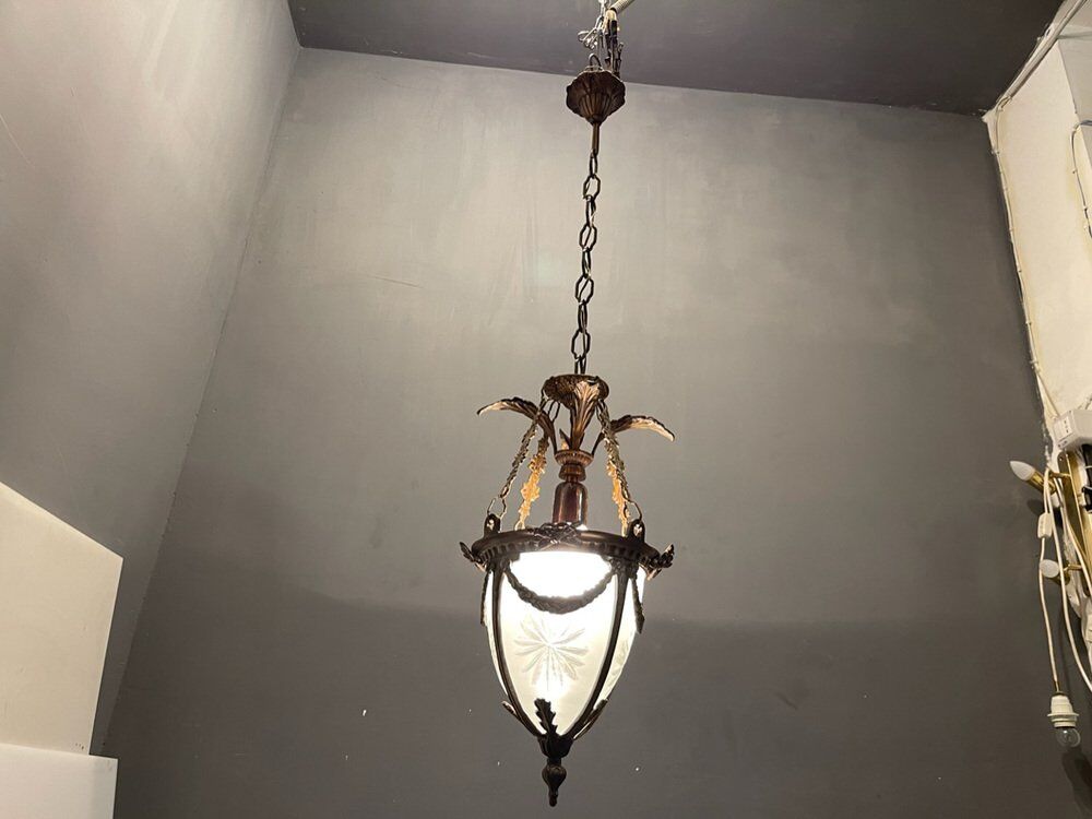 Bronze etched glass light pendants, 1970