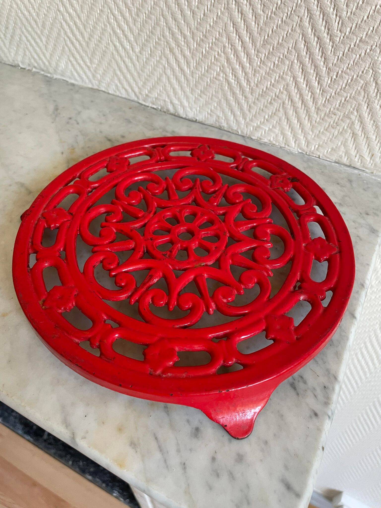 Vintage red Decotec enameled cast iron trivet