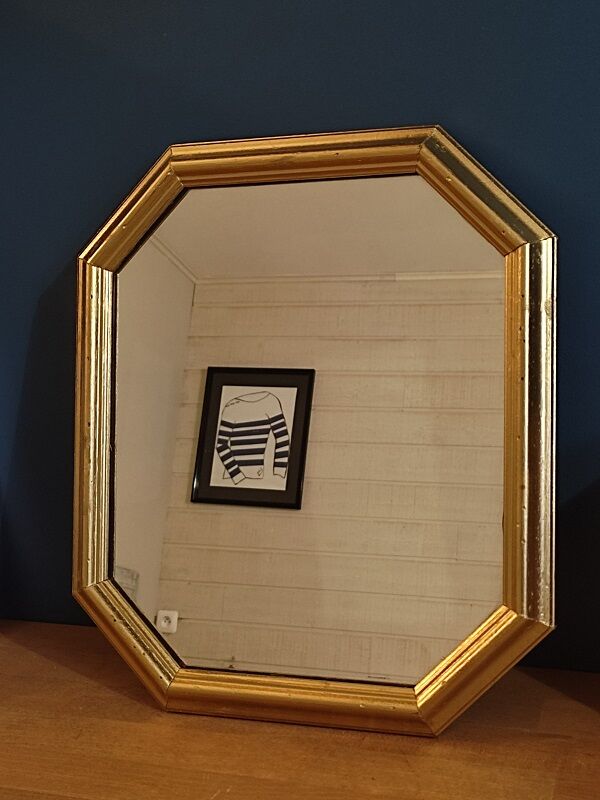 Hexagonal mirror golden carved solid wood frame