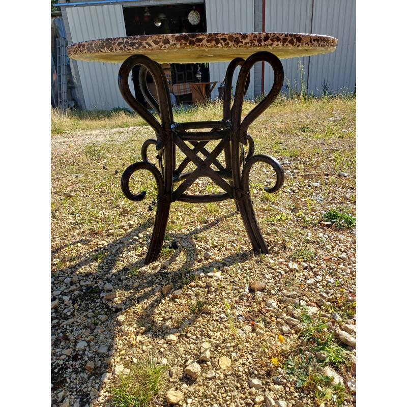 Vintage rattan table with reconstituted cement and stone top
