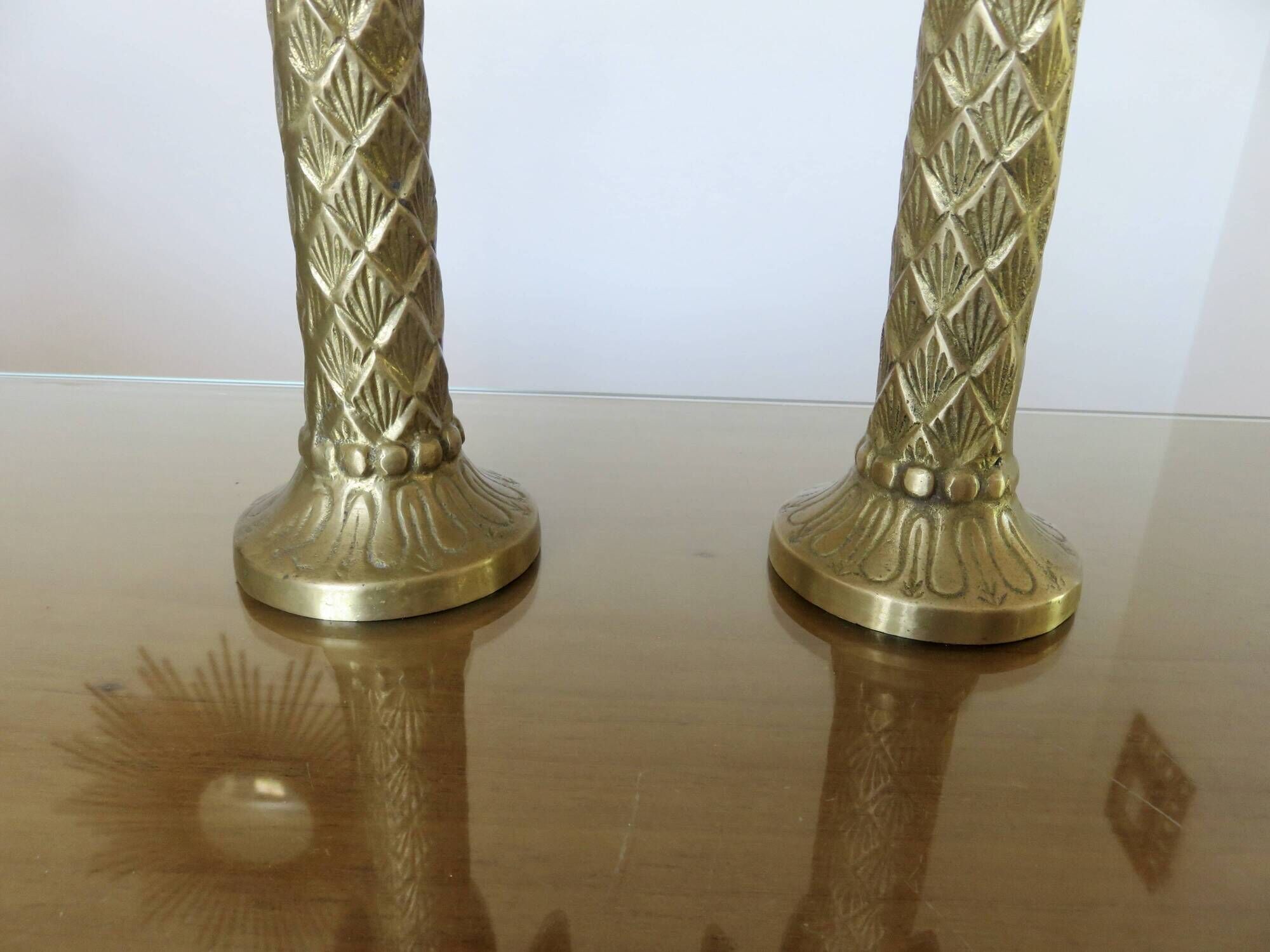 Pair of "palm tree" candlesticks in solid gilded brass, 1970
