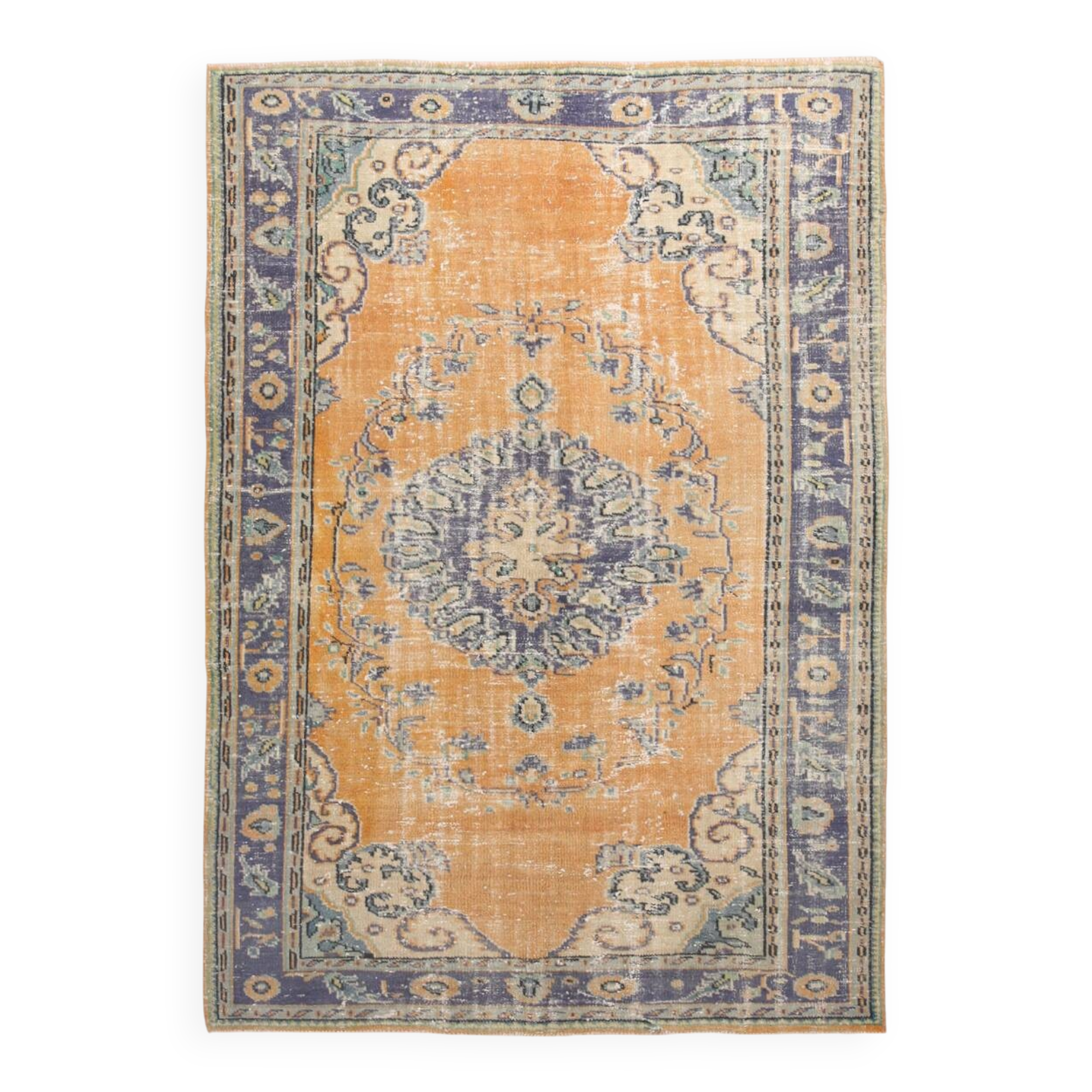 6x9 Pumpkin Orange Turkish Vintage Rug, 187x271 Cm