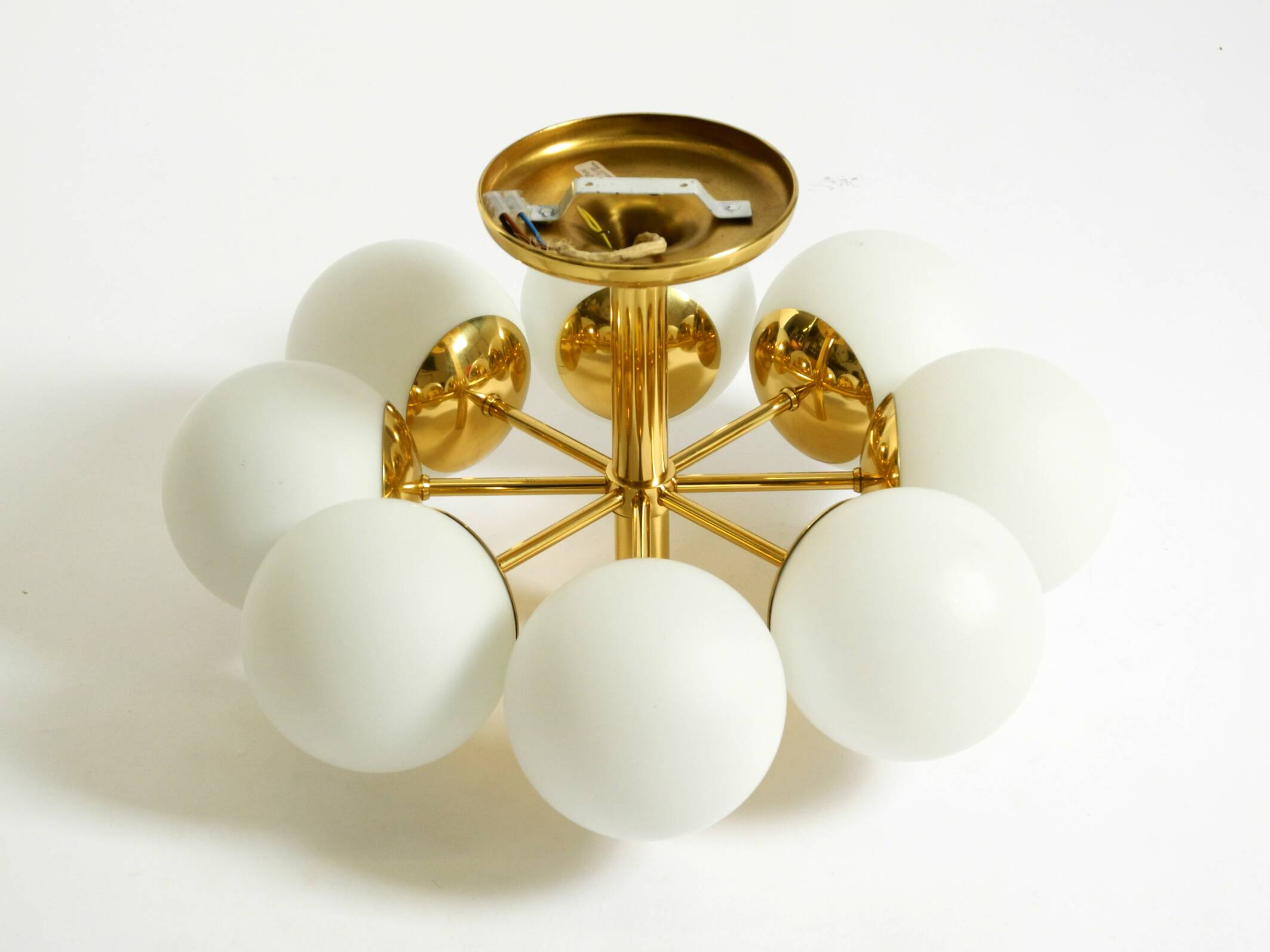 1960s Space Age brass ceiling lamp with 8 glass balls by Kaiser Leuchten