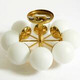 1960s Space Age brass ceiling lamp with 8 glass balls by Kaiser Leuchten
