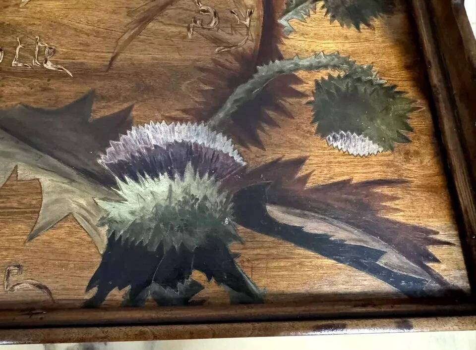 After Emile Gallé: Rectangular wooden tray with marquetry decoration
