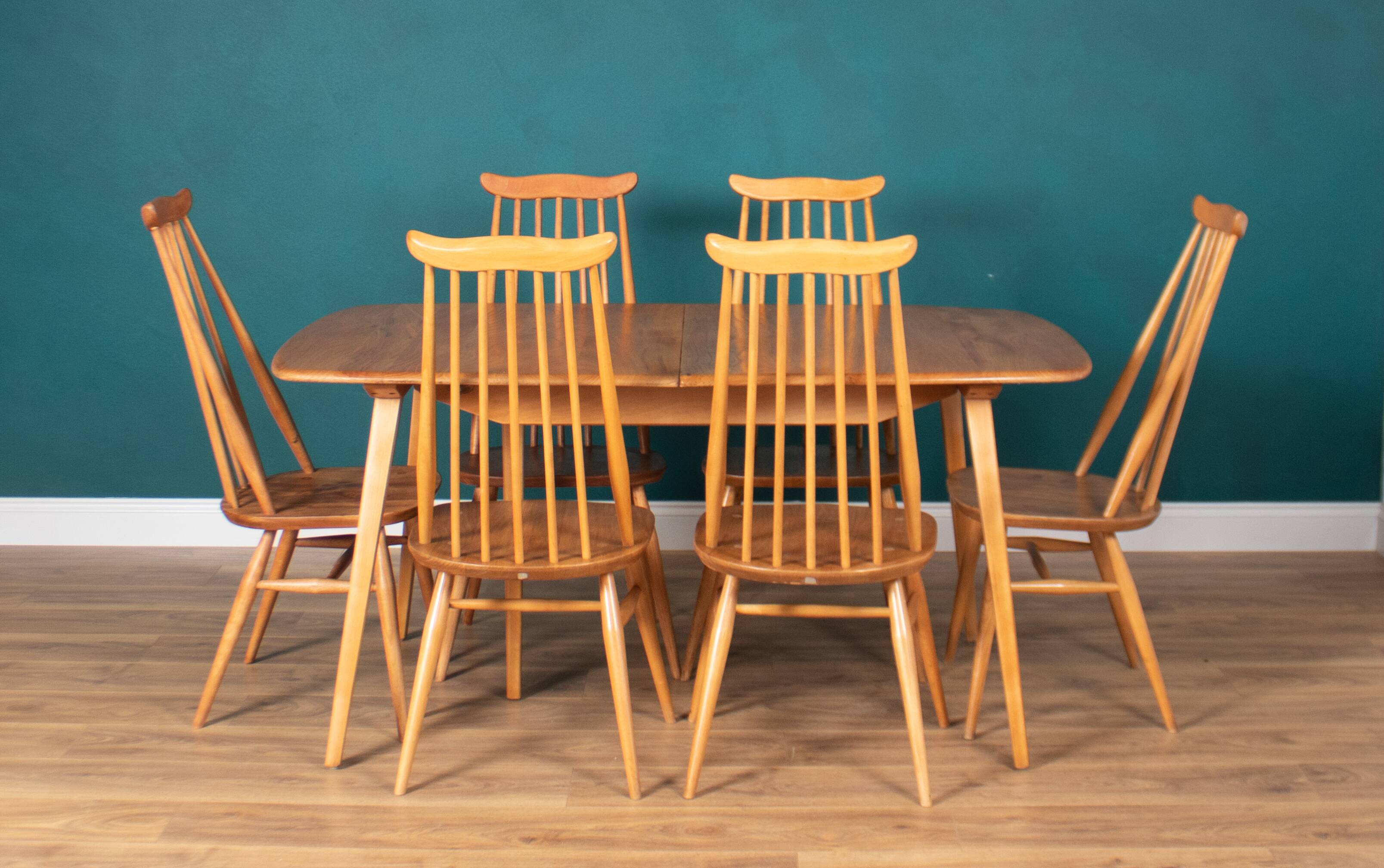 Table de salle à manger rétro en orme blond modèle 444, grande planche et 8 chaises de salle à manger d'orfèvre