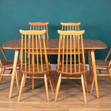 Retro Blonde Elm Model 444 Grand Plank Dining Table & 8 Goldsmith Dining Chairs
