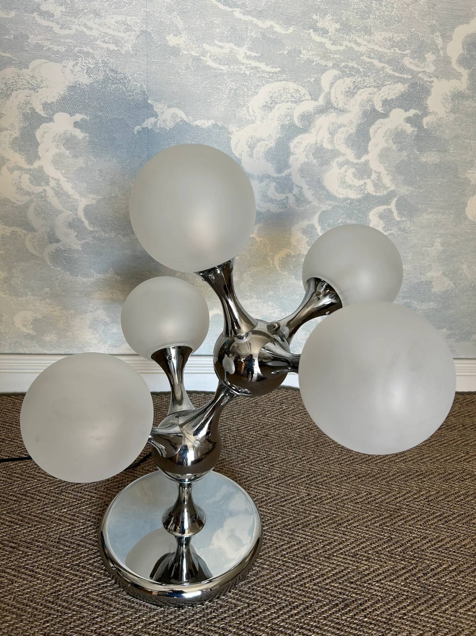 Unique table lamp with a chrome frame and opaque glass globes, 1970s, Space Age, Atomic Age, Sputnik