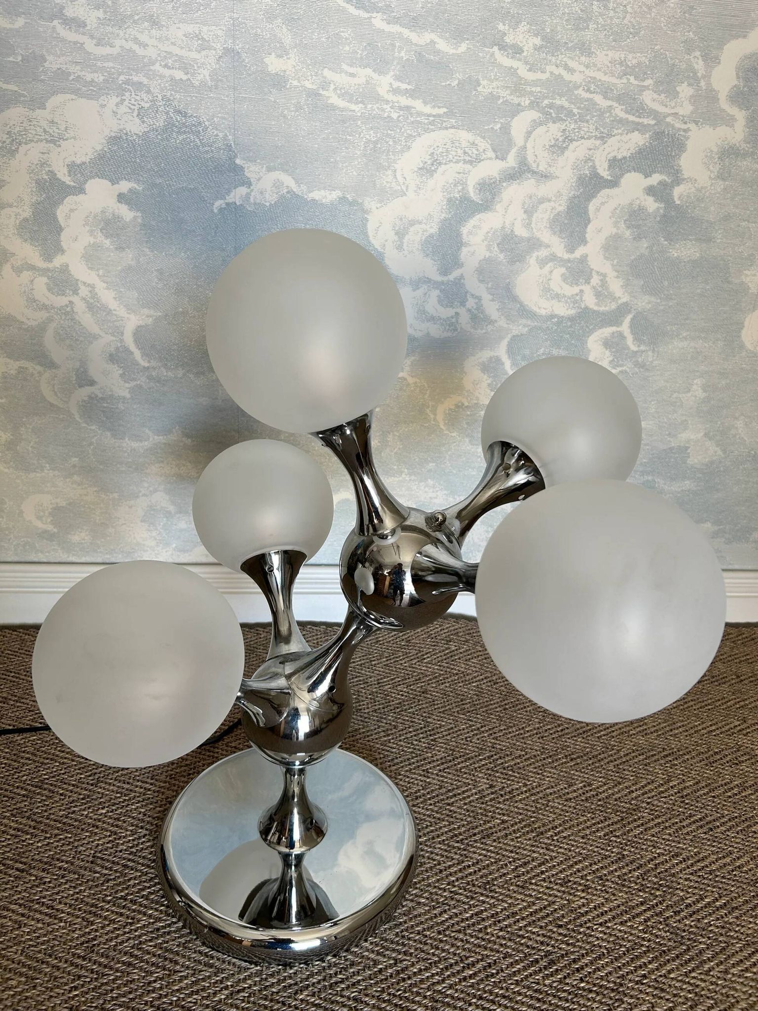 Unique table lamp with a chrome frame and opaque glass globes, 1970s, Space Age, Atomic Age, Sputnik