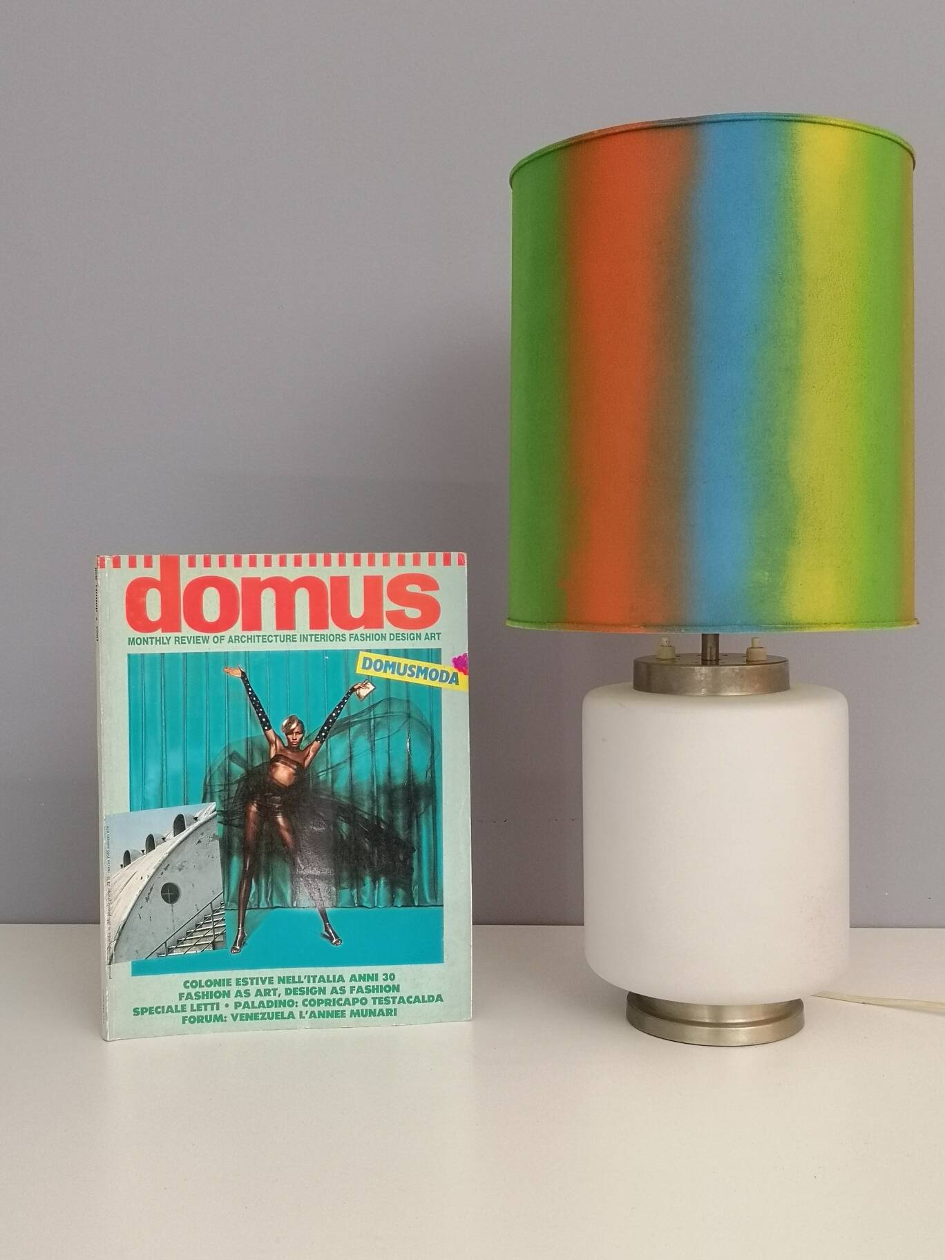 White Encased Glass Table Lamp with Three-Lighting Options, Italy