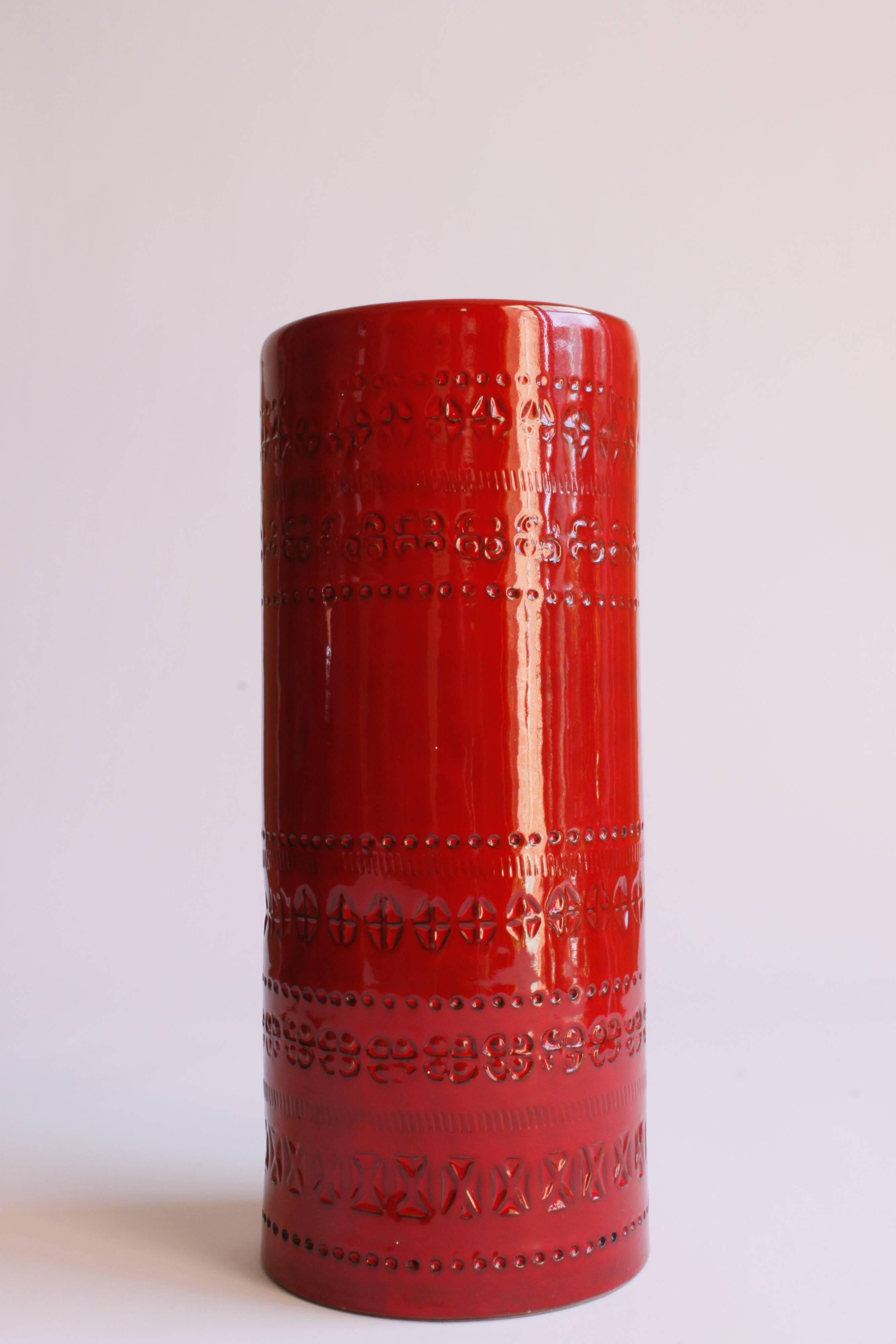Cylindrical red ceramic vase by Aldo Londi for Bitossi, Italy