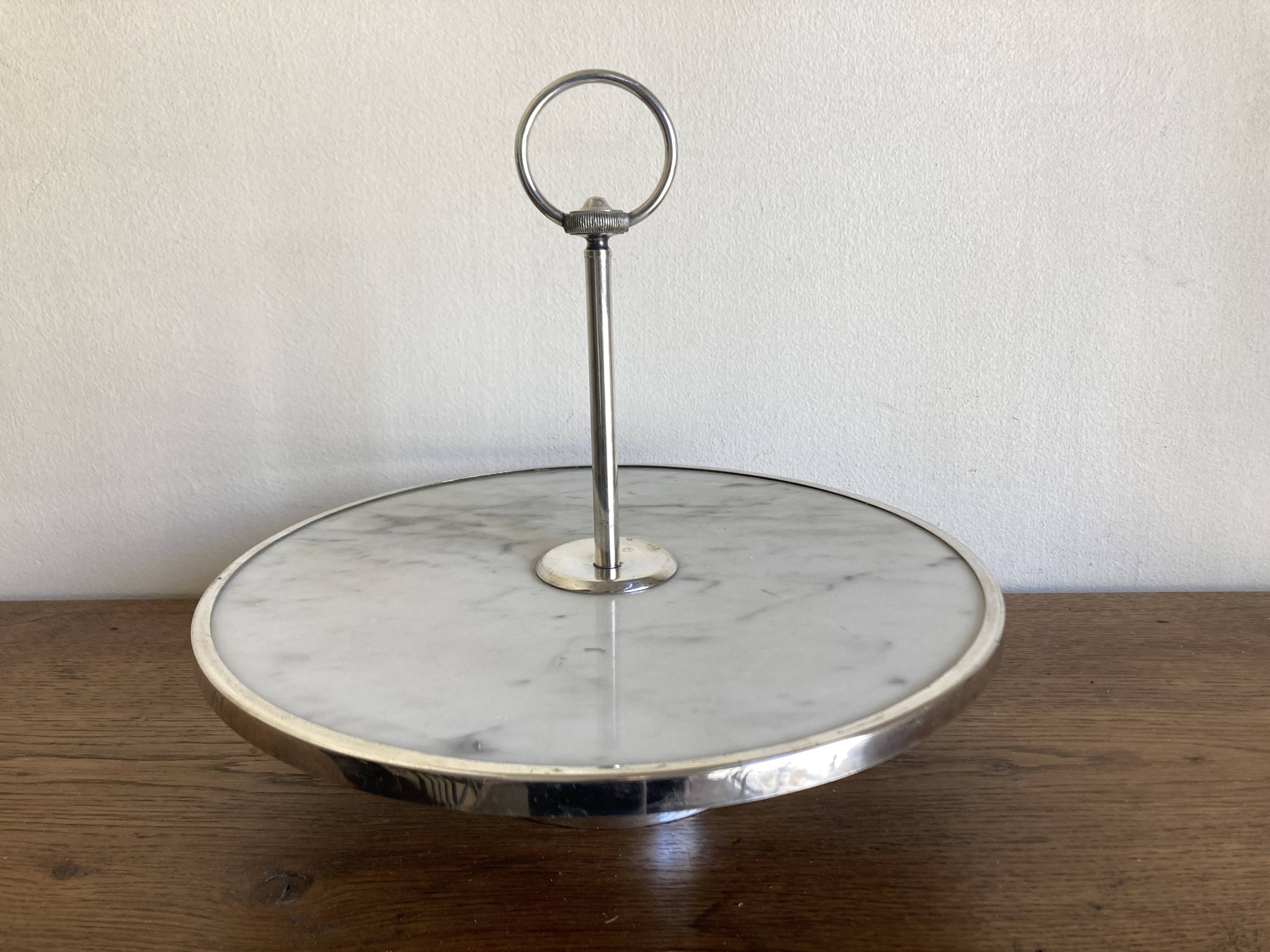 Silver-plated rotating platter and white marble pastry stand 1960 neoclassical