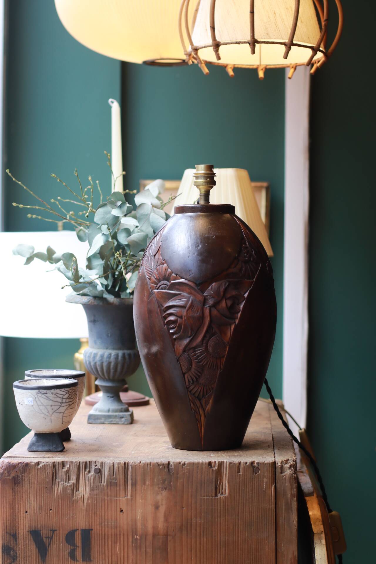 Art Deco carved wooden lamp base