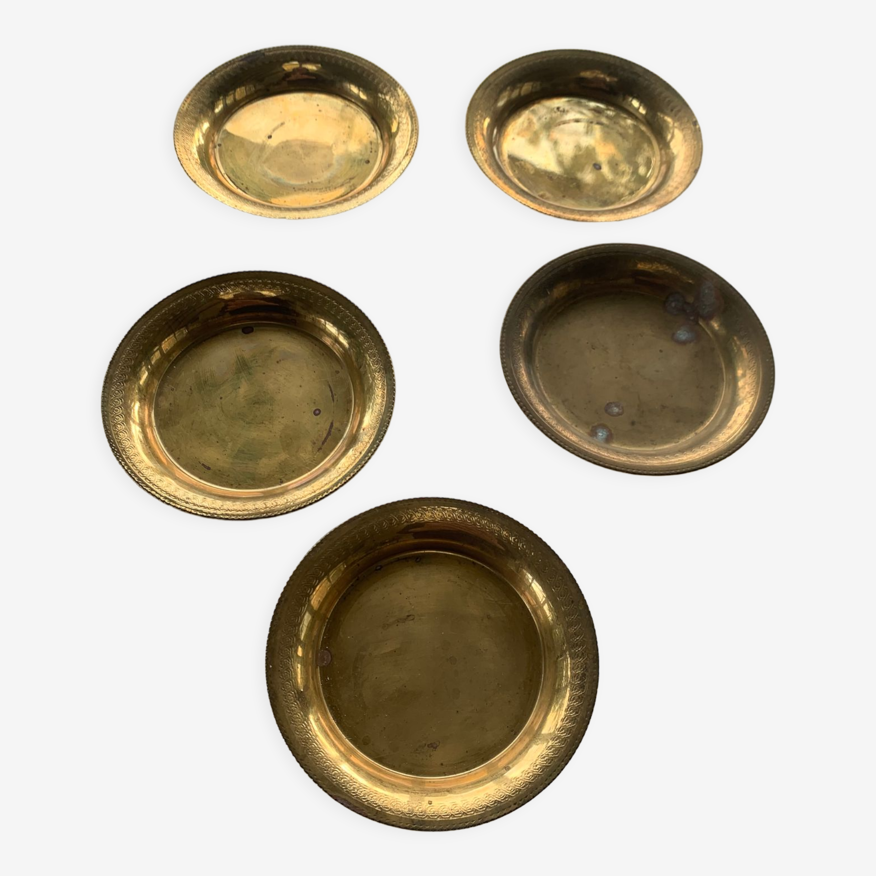5 vintage chiseled gilded brass coasters